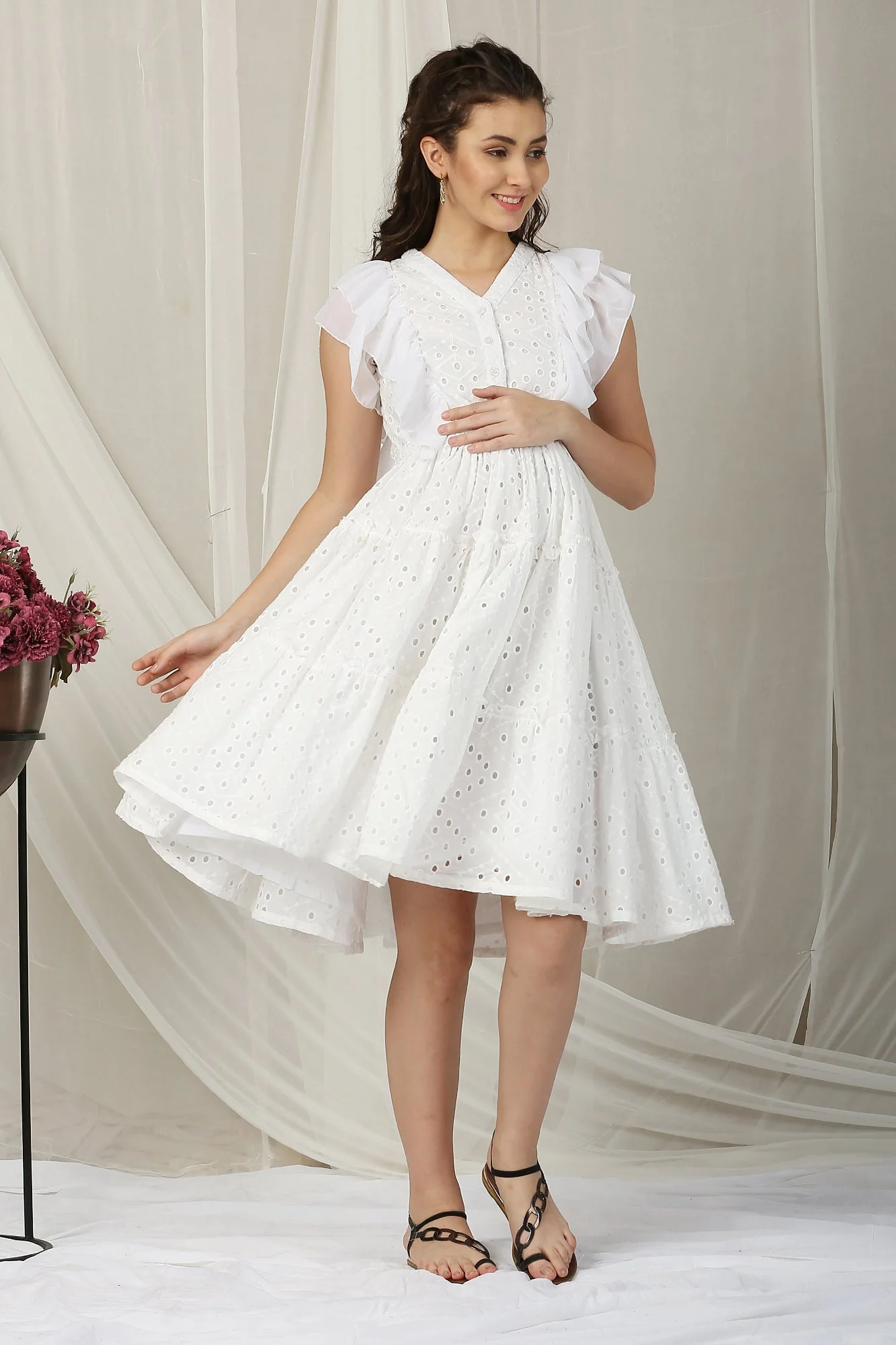 Vintage Snowy Maternity & Nursing Flowy Dress (100% Cotton) - Chenance