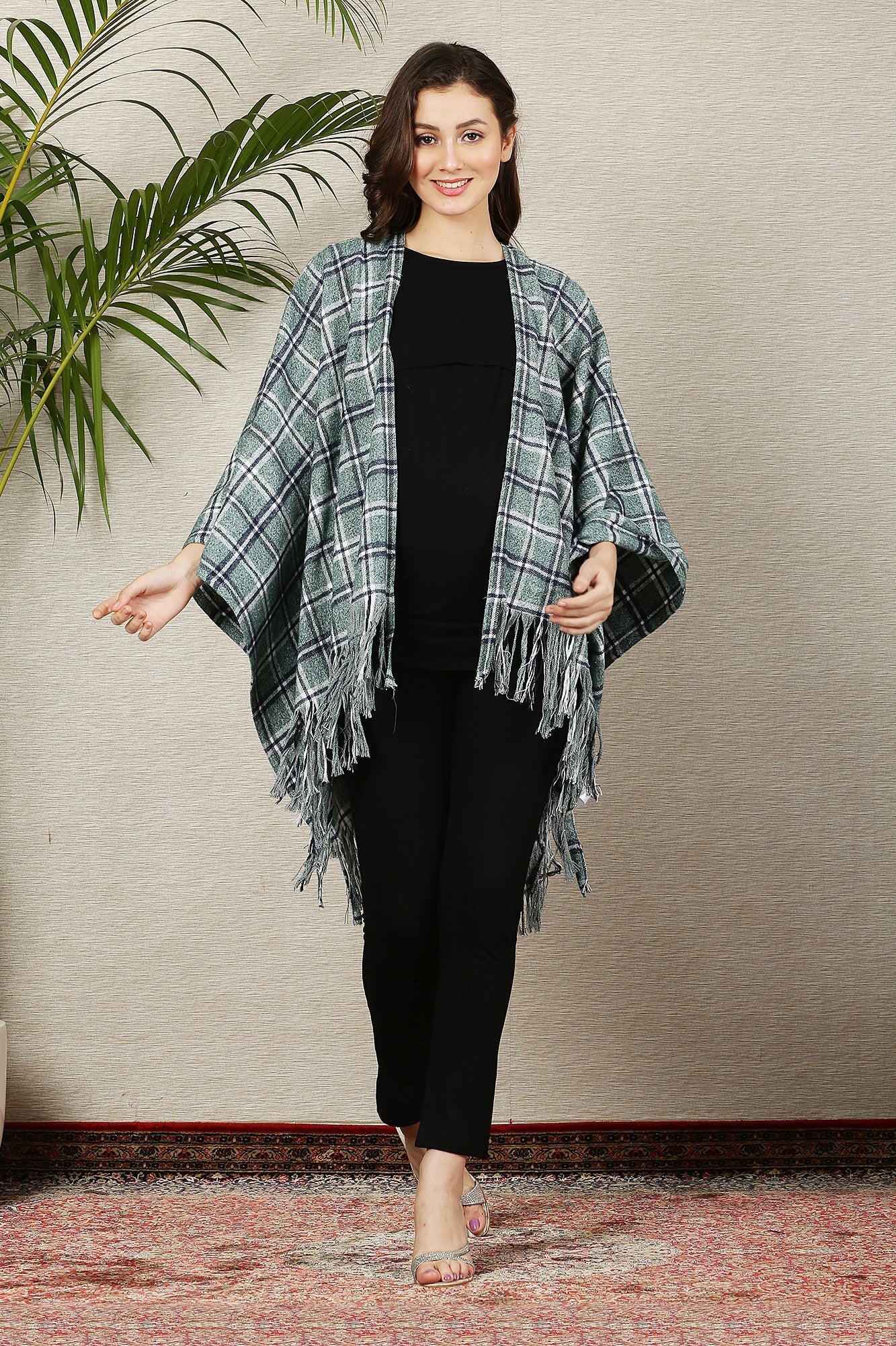 Greyish Blue Flannel Check Wool Poncho - Chenance