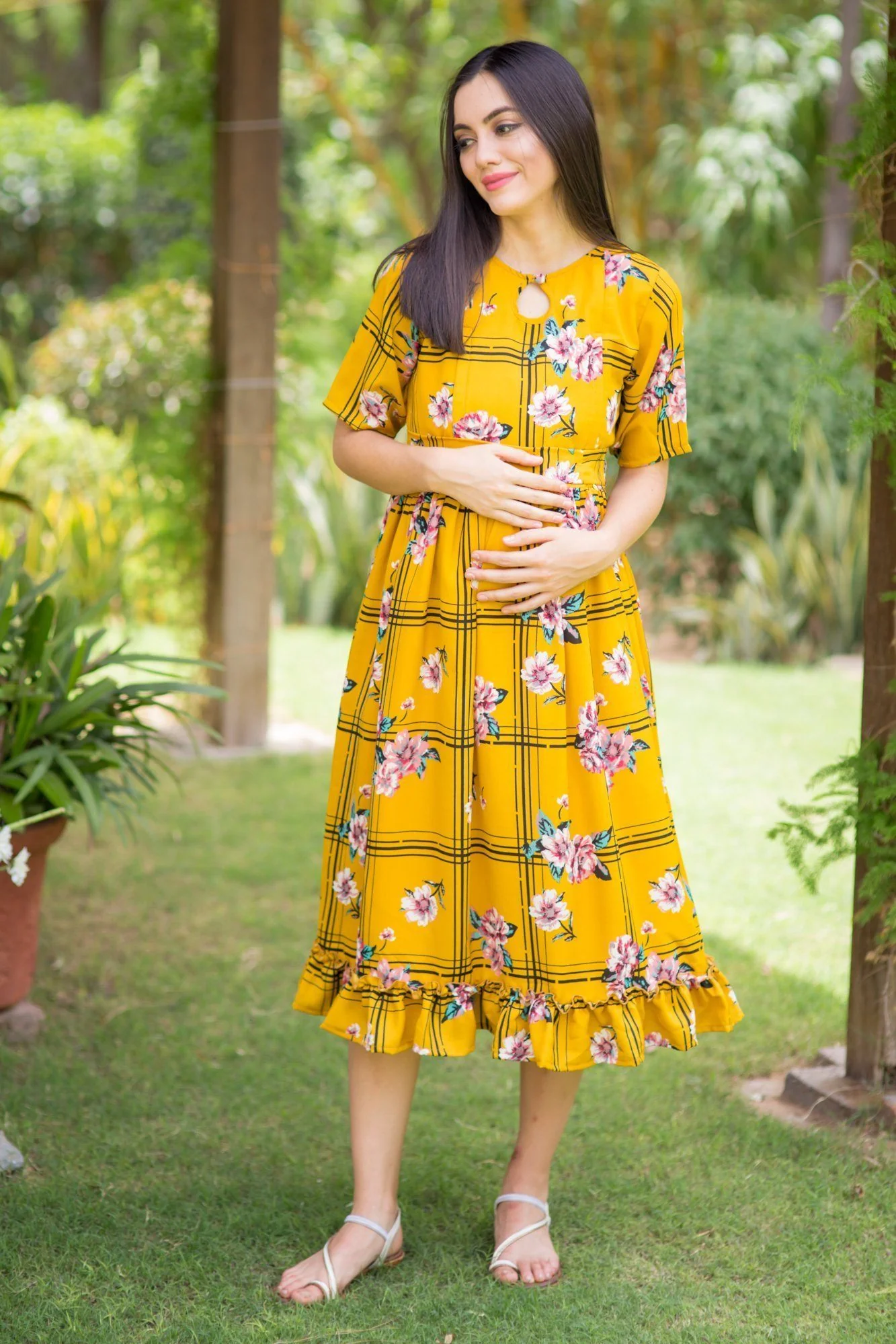 Sunny Striped Floral Frill Concealed Zips Nursing Dress - Chenance