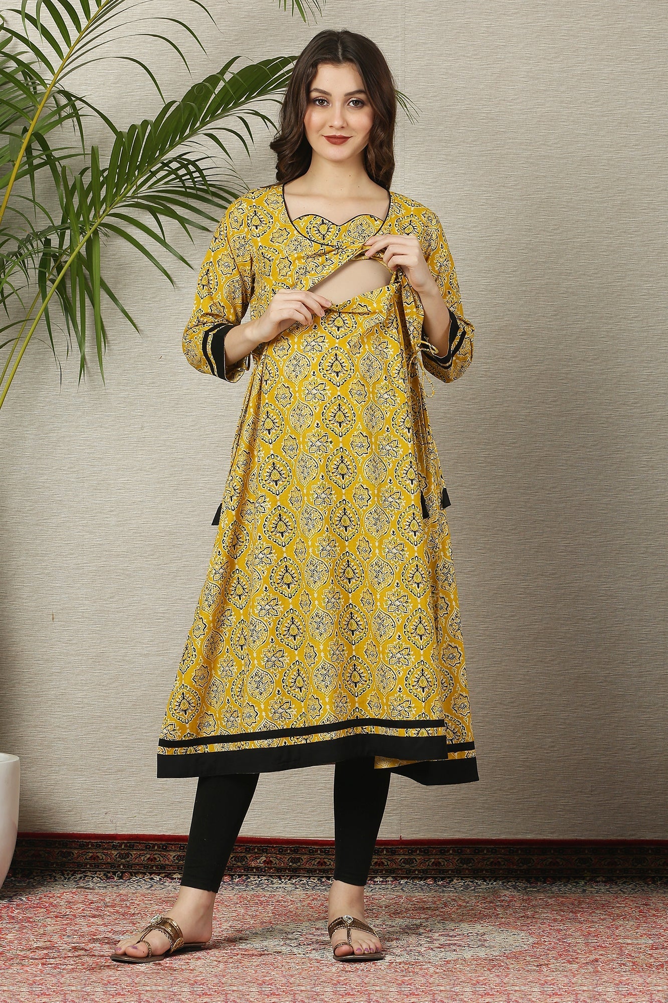 Jolly Mustard Blooming Maternity & Nursing Kurta (100% Cotton) - Chenance