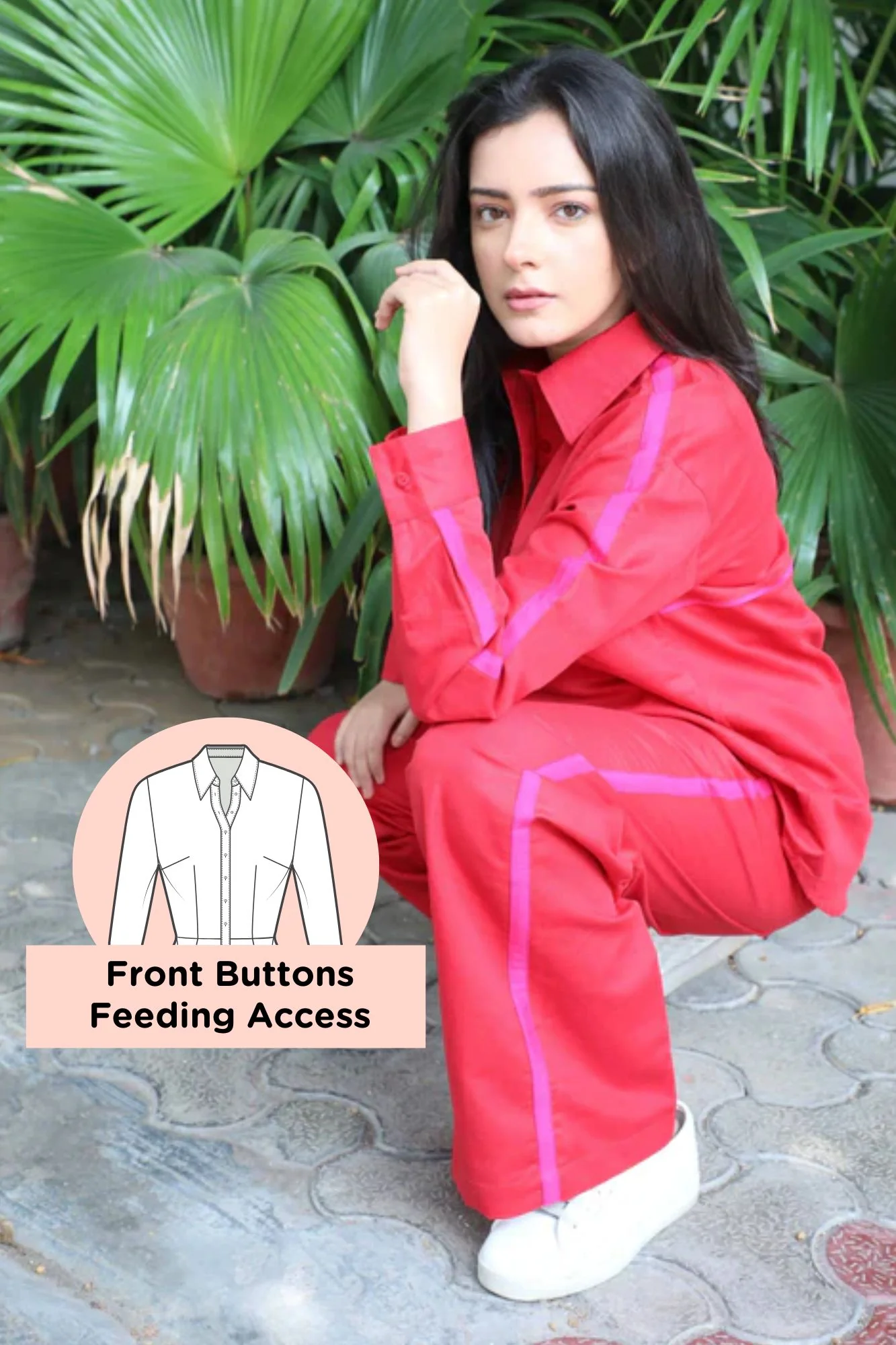 Hot Red Maternity & Nursing Shirt (Cotton Linen) - Chenance