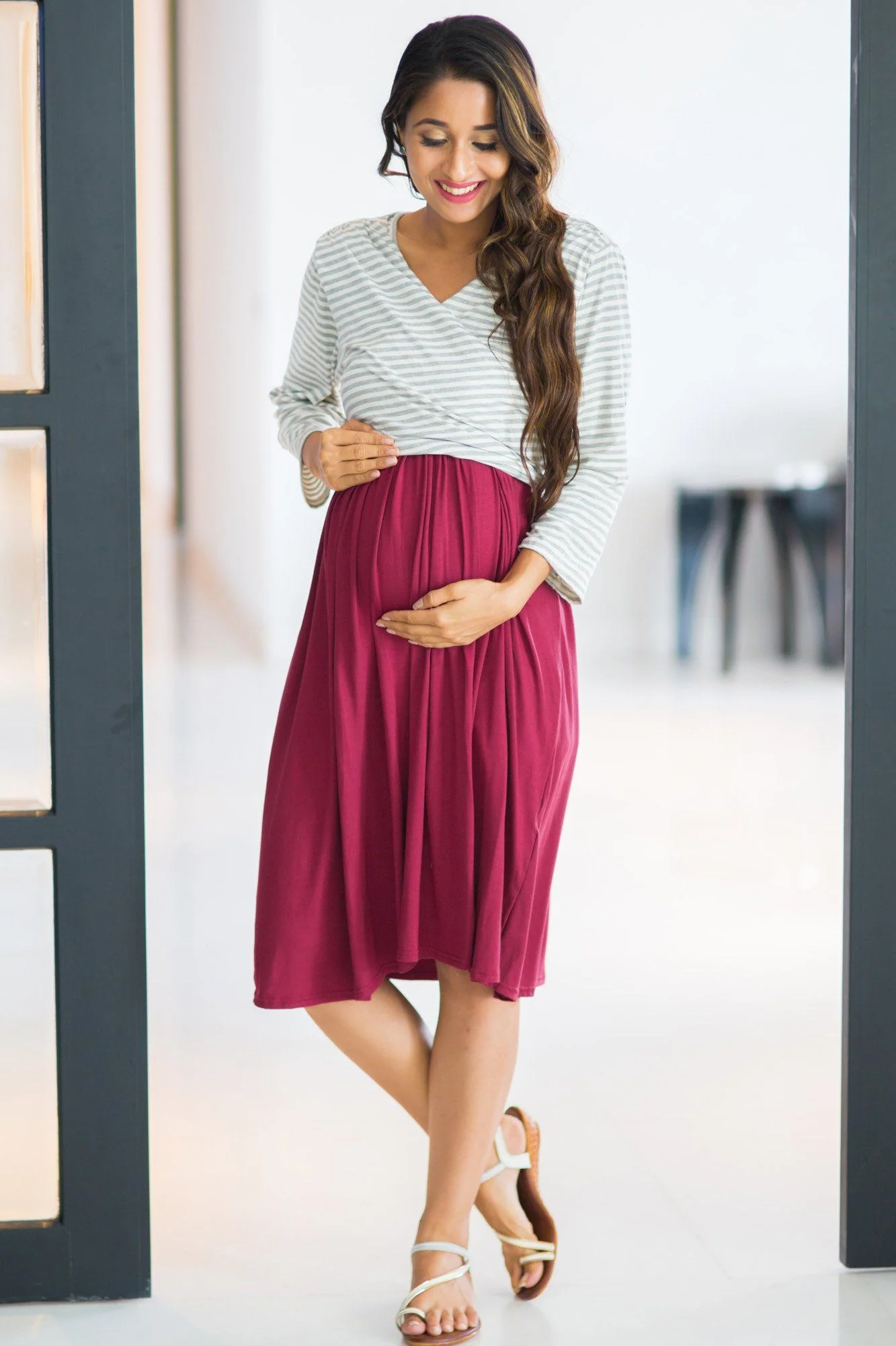 Grey Striped & Wine Wrap Tie Maternity & Nursing Dress - Chenance