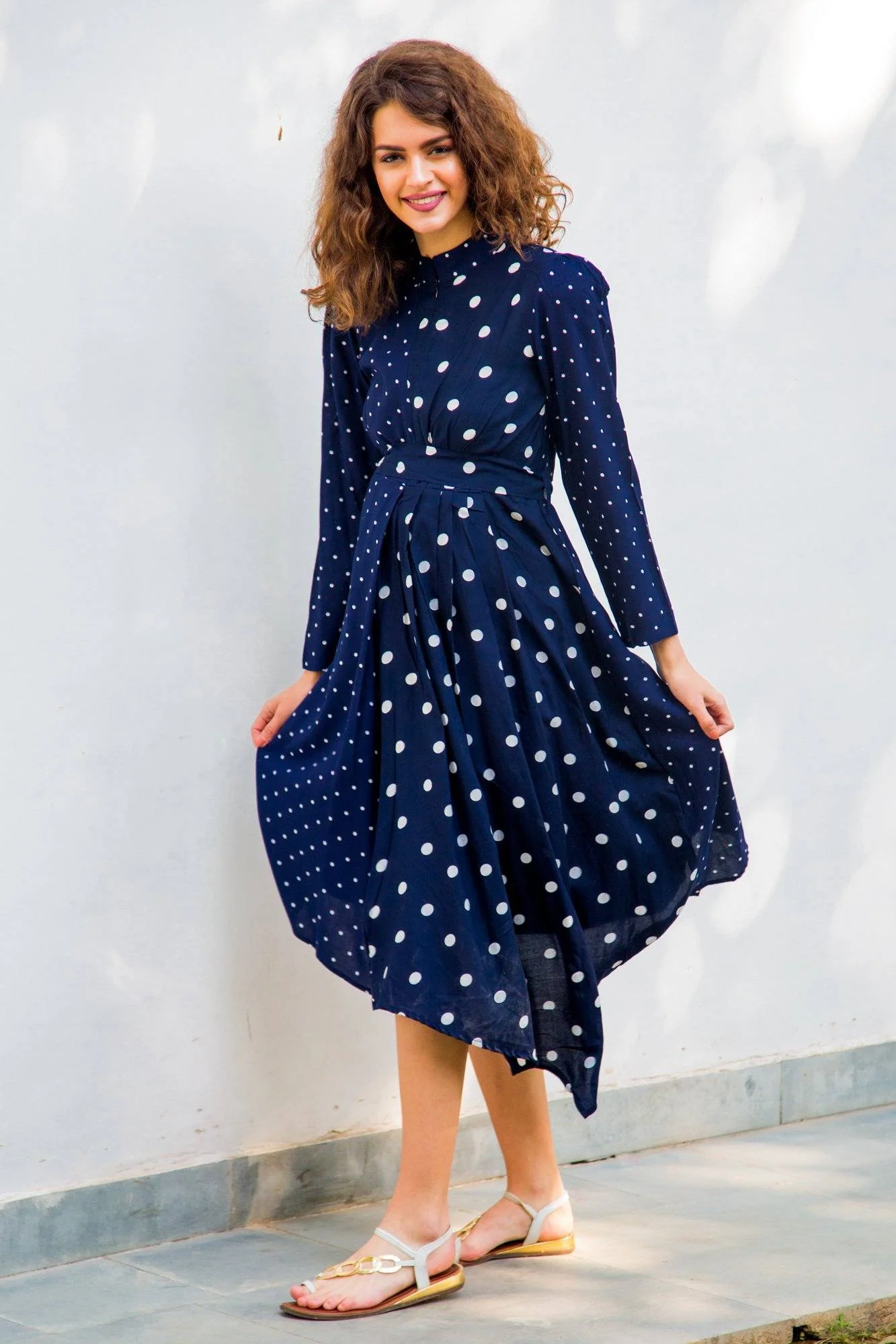 Asymmetrical Navy Polka High Neck Maternity & Nursing Dress - Chenance