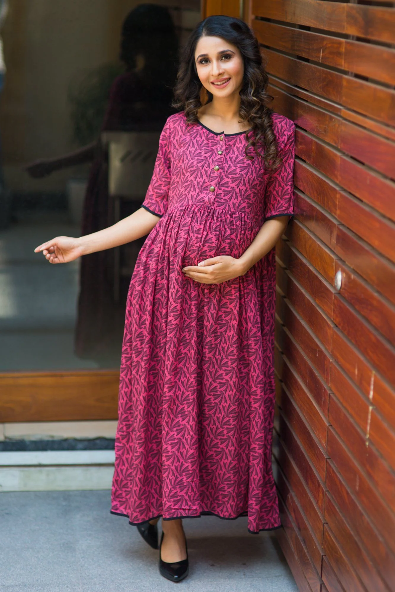 Pink Leaf Long Maternity and Nursing Kurta - Chenance