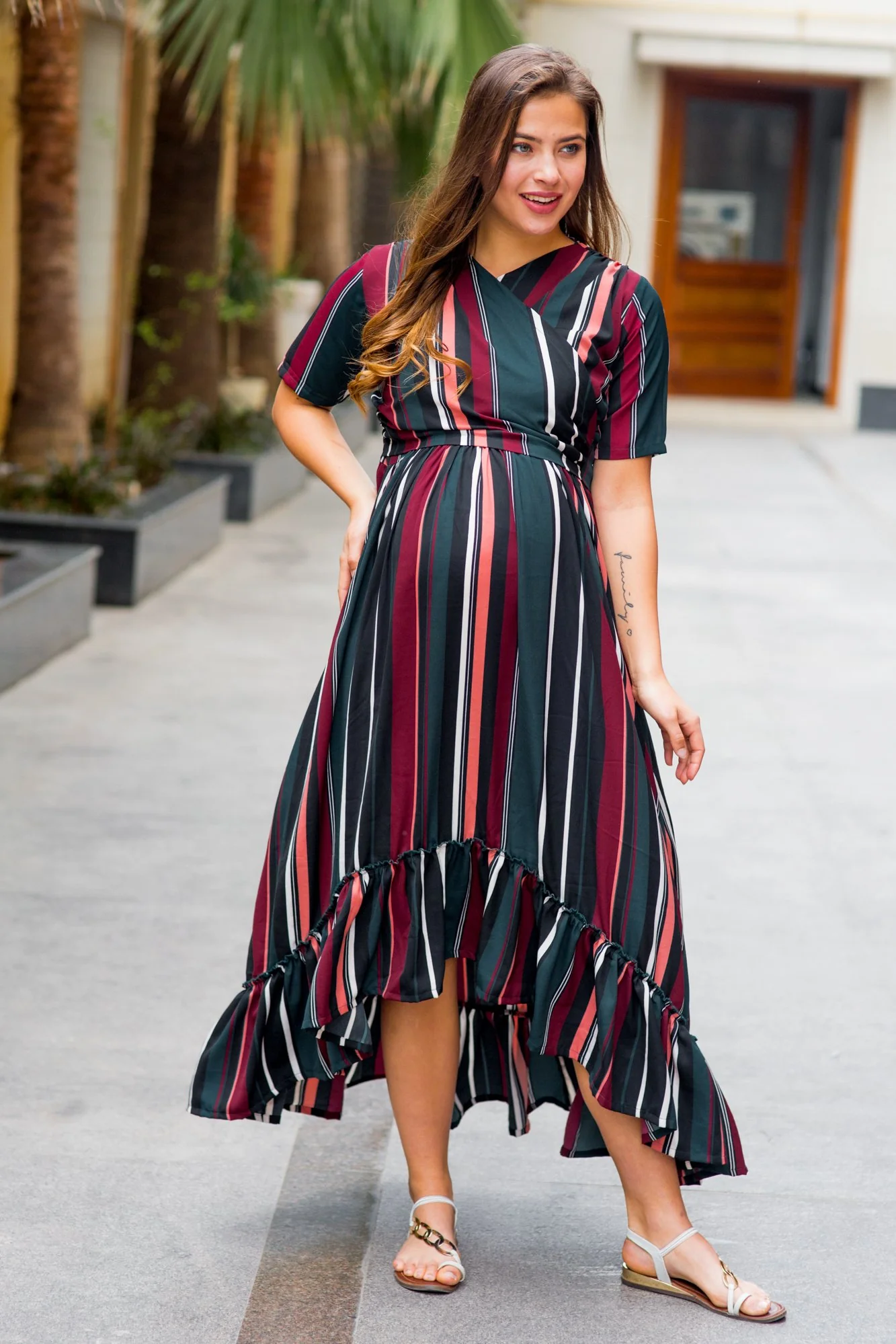 Royal Multi Striped Maternity & Nursing Wrap Dress - Chenance