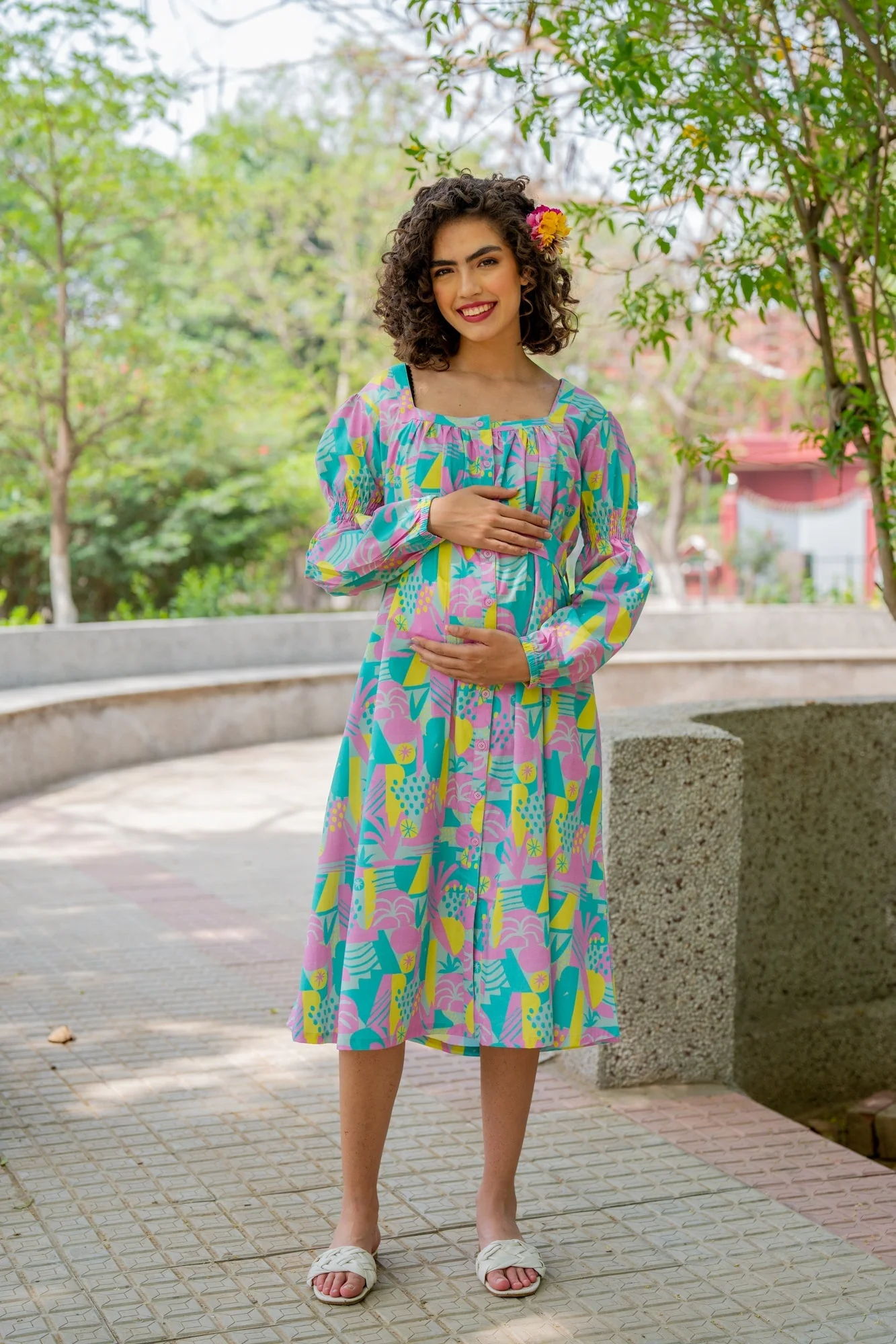 Dusty Blue Yellow Abstract Maternity & Nursing Dress (100% Cotton) - Chenance