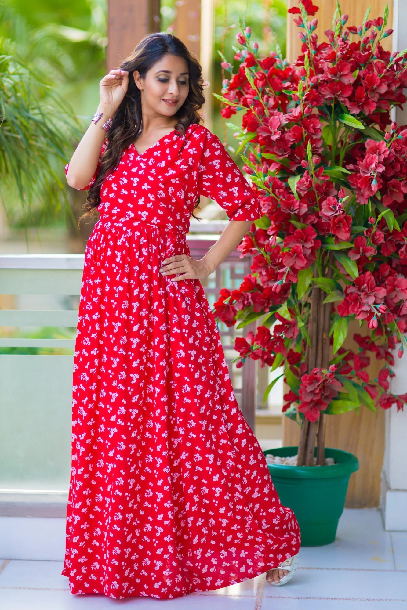 Chic Red Floral Maternity & Nursing Wrap Dress - Chenance