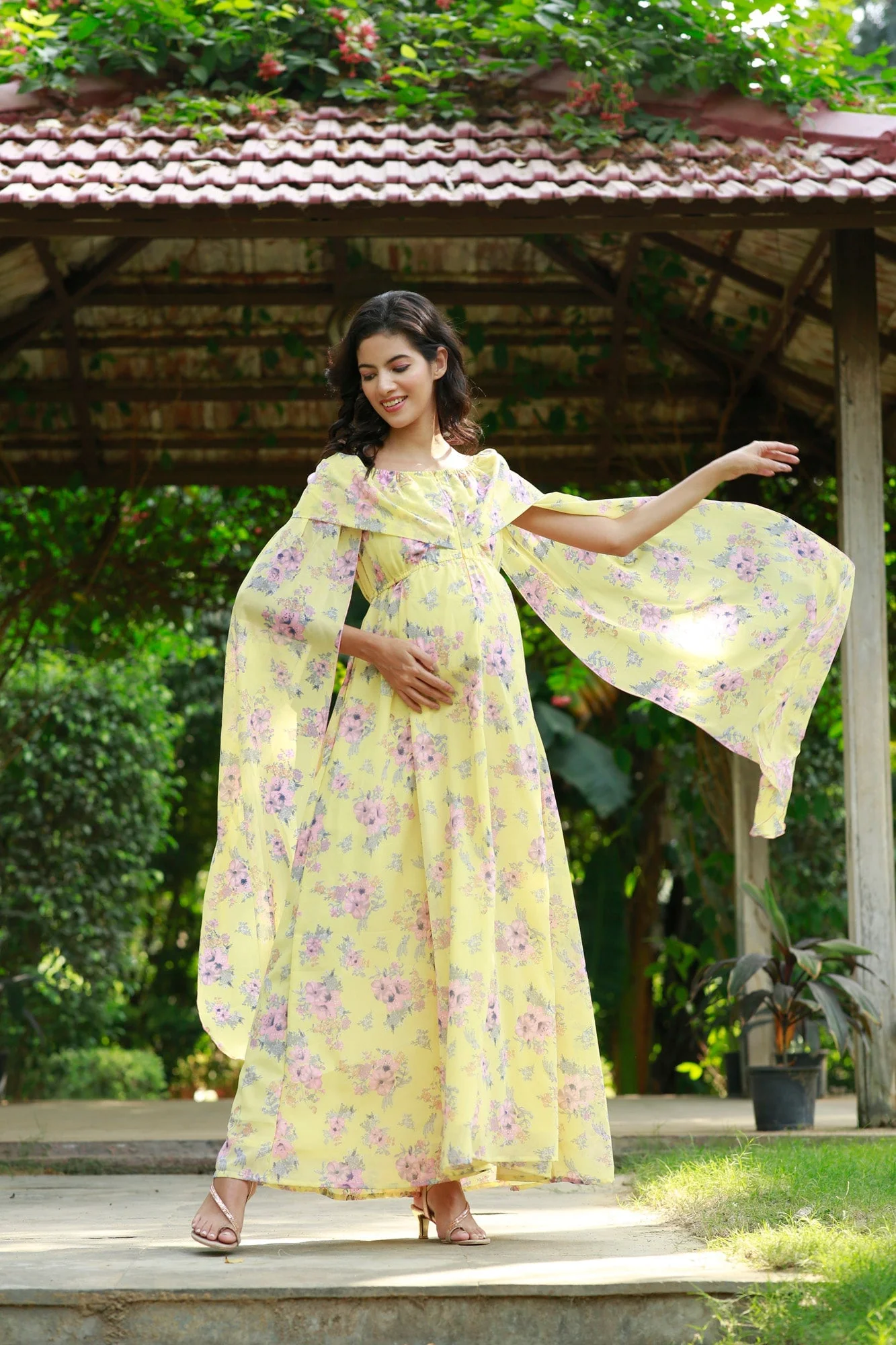 Lemon Pink Blossom Flying Sleeves Maternity & Nursing Dress - Chenance