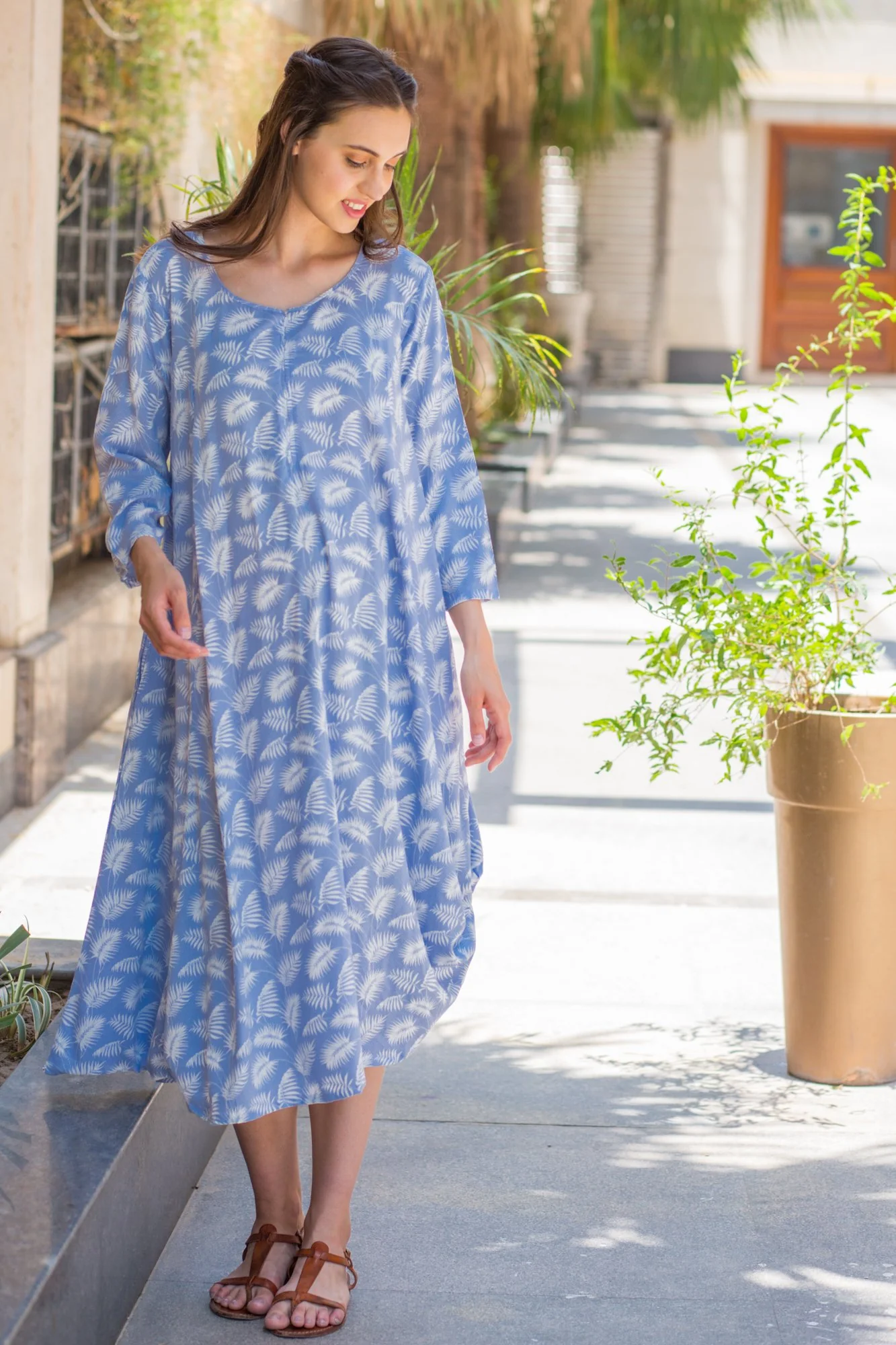 Powder Blue Leafy Maternity & Nursing Dual Dress Kurta - Chenance