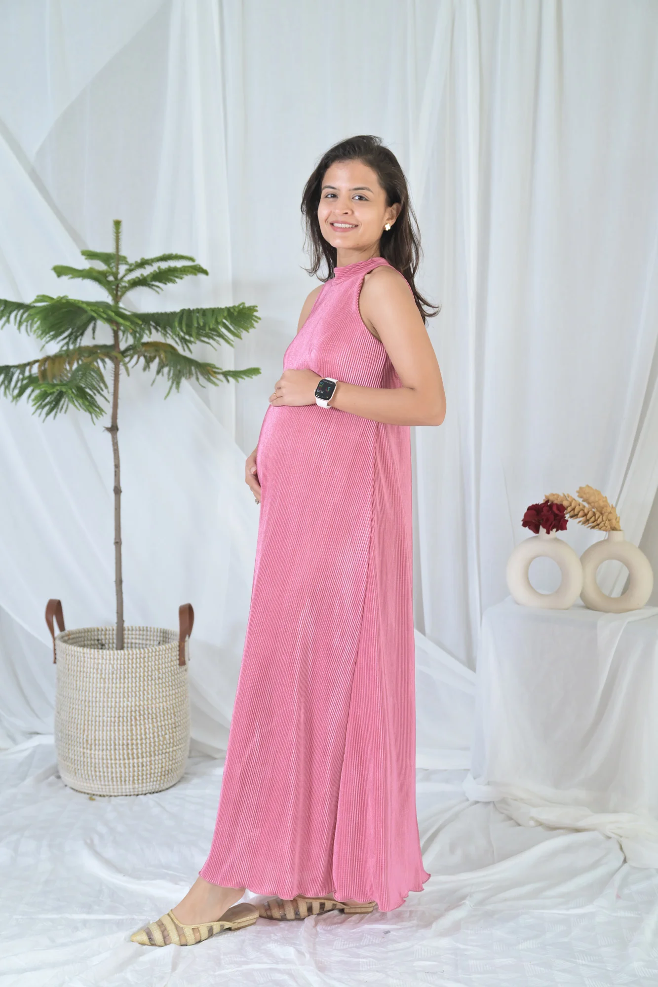 Luxe Hot Pink Maternity Pleated Gown - Chenance