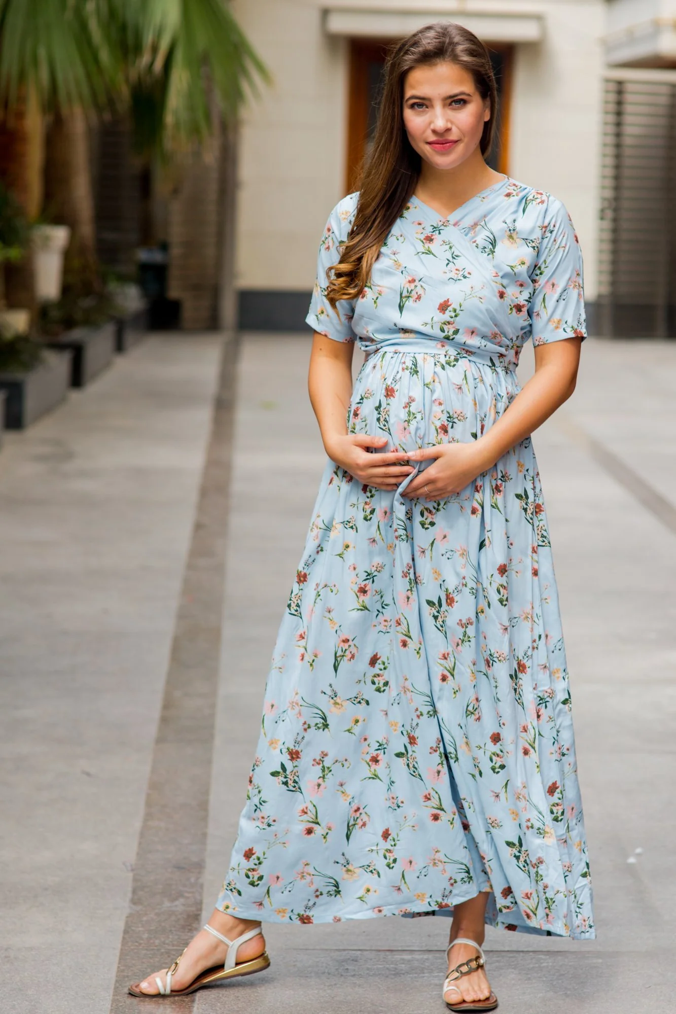 Pastel Blue Blossom Maternity & Nursing Wrap Dress - Chenance