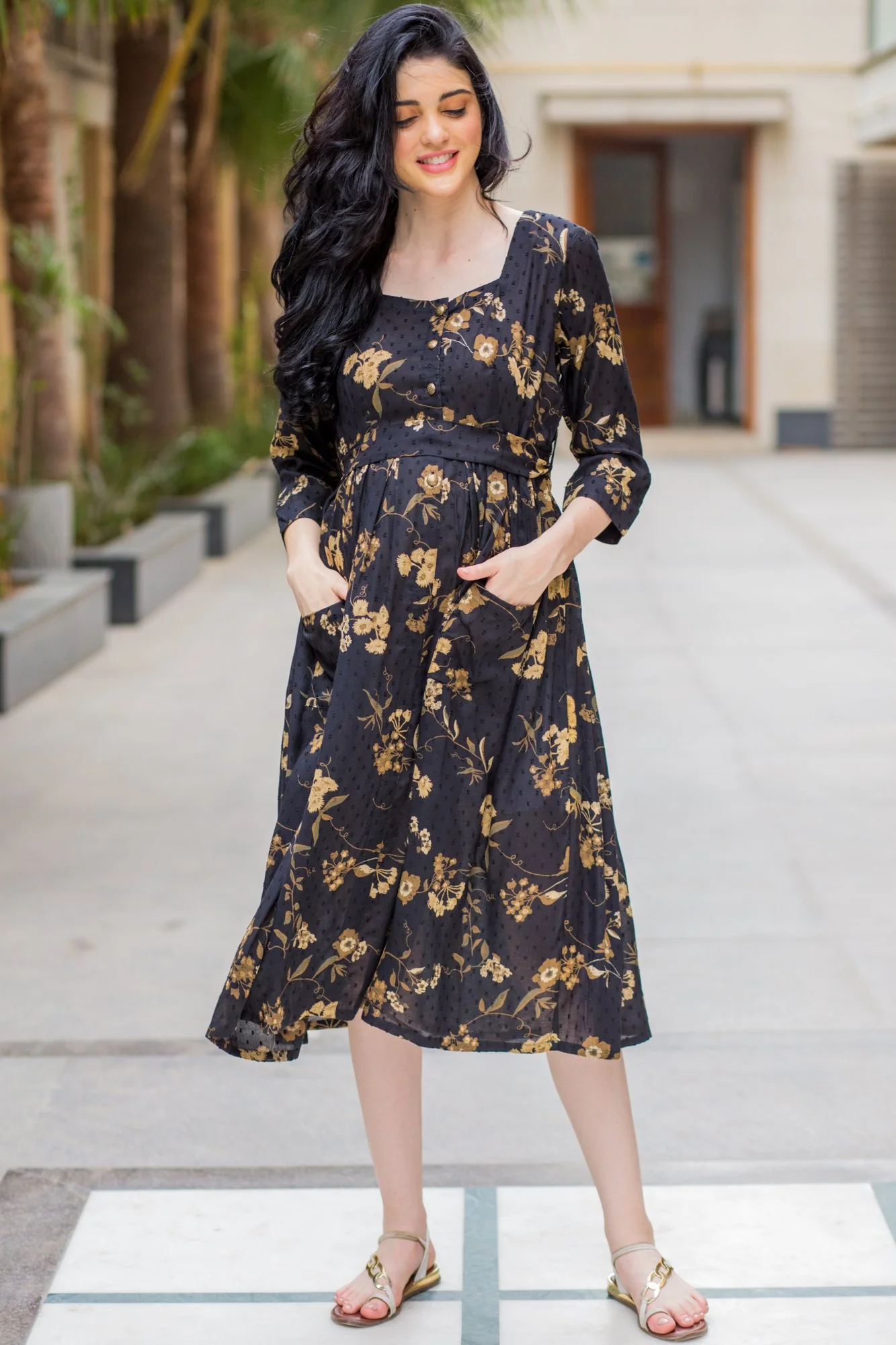 Exquisite Ochre Pocket Maternity & Nursing Dress - Chenance