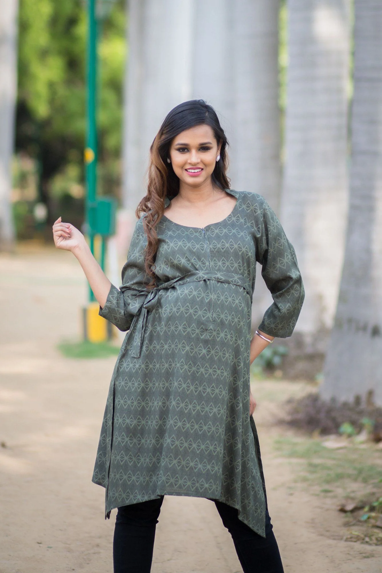 Green Print Front Zip Nursing Kurta - Chenance