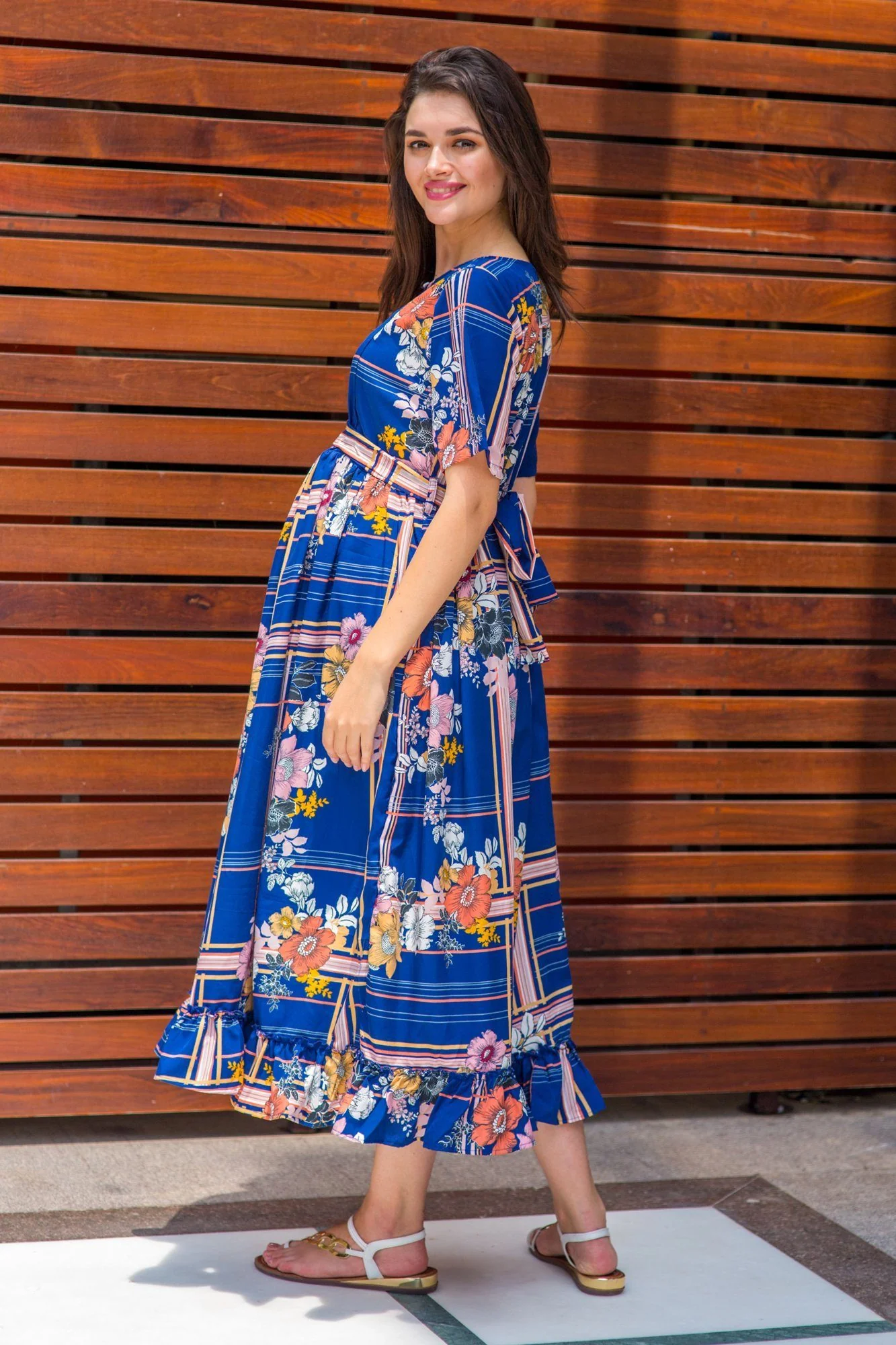 Nautical Striped Floral Frill Concealed Zips Nursing Dress - Chenance