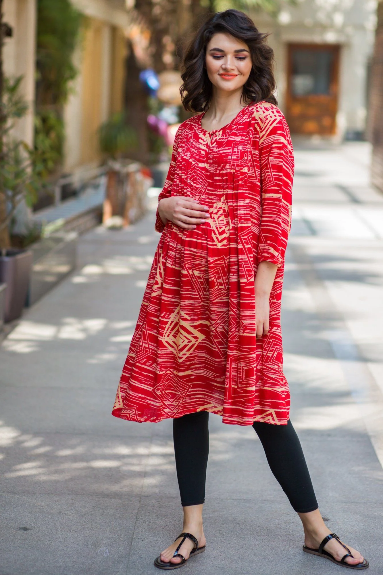 Ruby Coral Pleated Maternity Kurta - Chenance