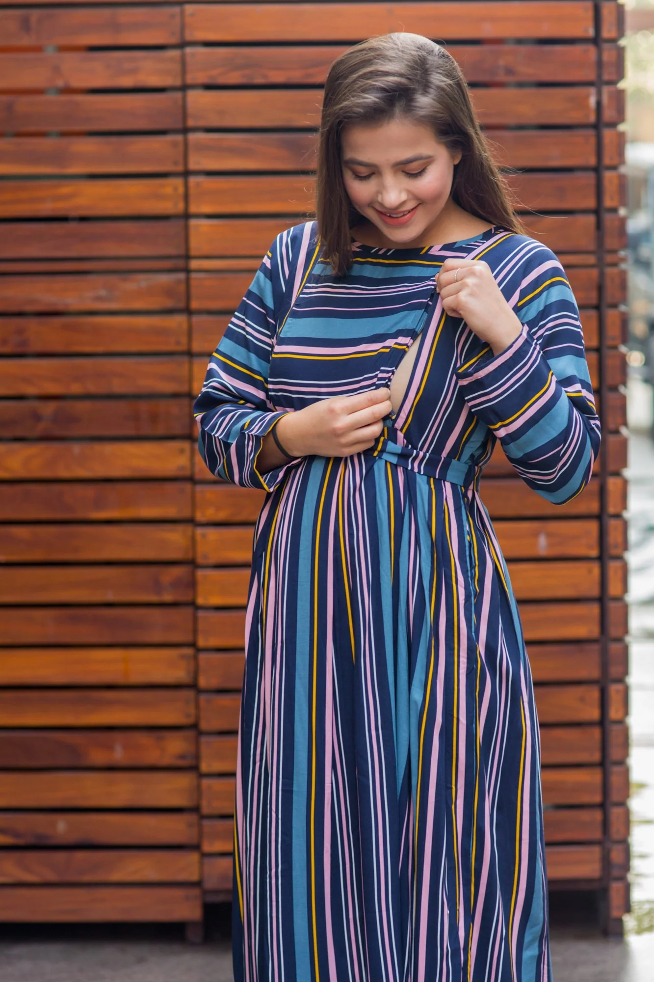 Azure & Peach Soft Viscose Maternity & Nursing Maxi Dress - Chenance