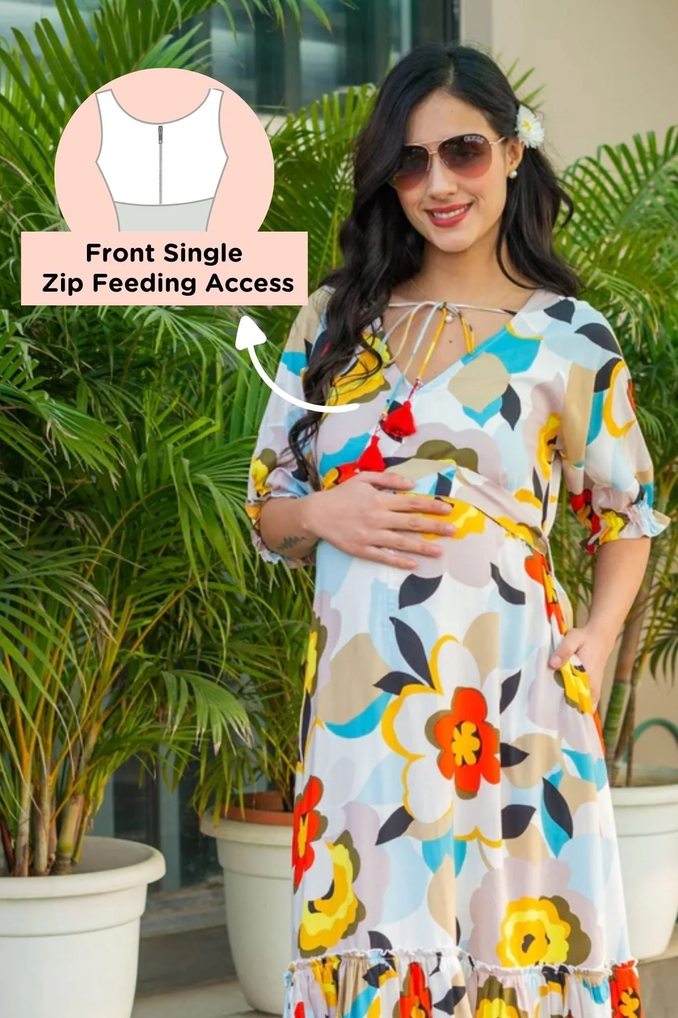 Graceful Colorful Bloom Maternity & Nursing Gathered Dress - Chenance