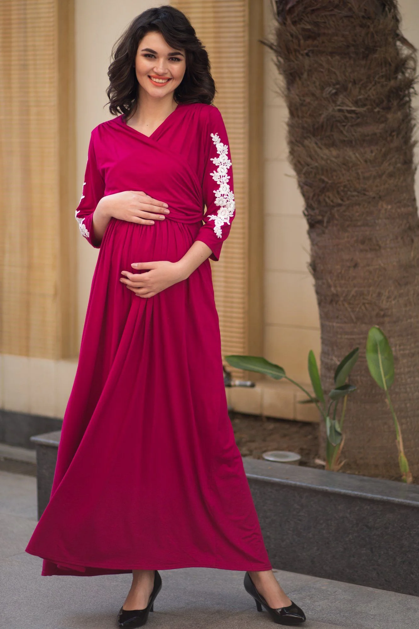 Elegant Carnation Crochet Maternity & Nursing Wrap Dress - Chenance