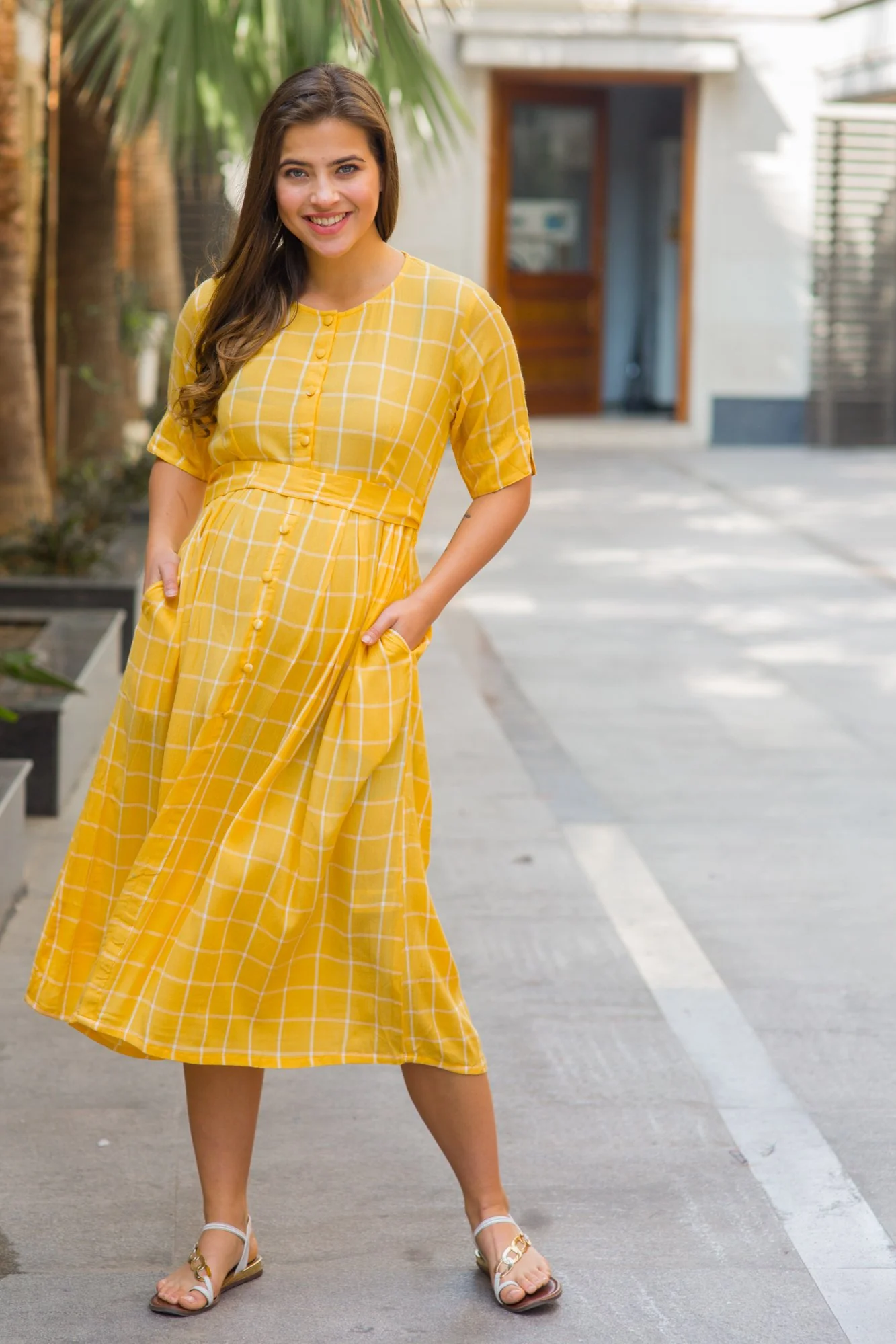Yellow Check Cotton Maternity and Nursing Dress - Chenance