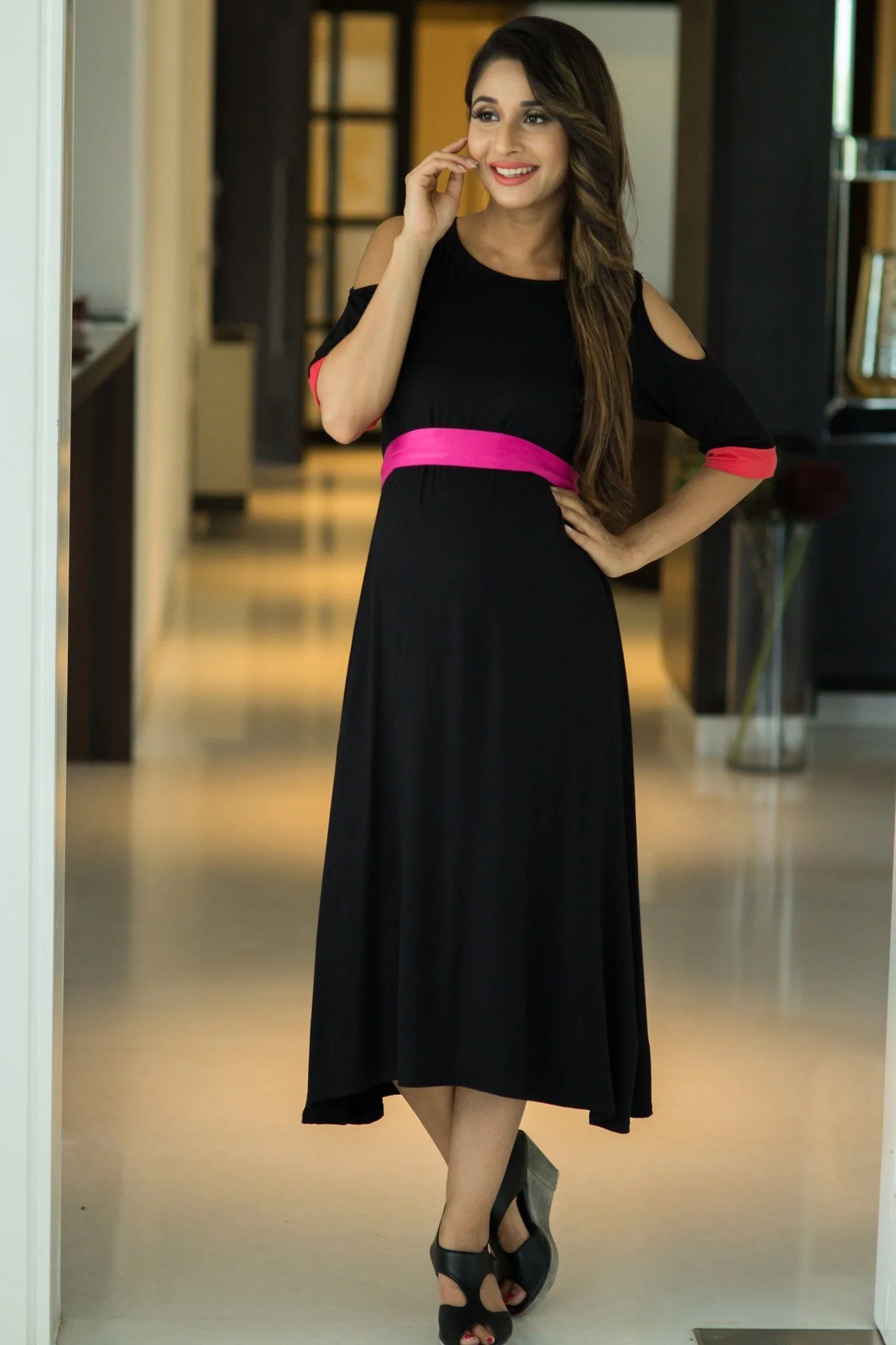 Chic Black Cold Shoulder Maternity Dress - Chenance