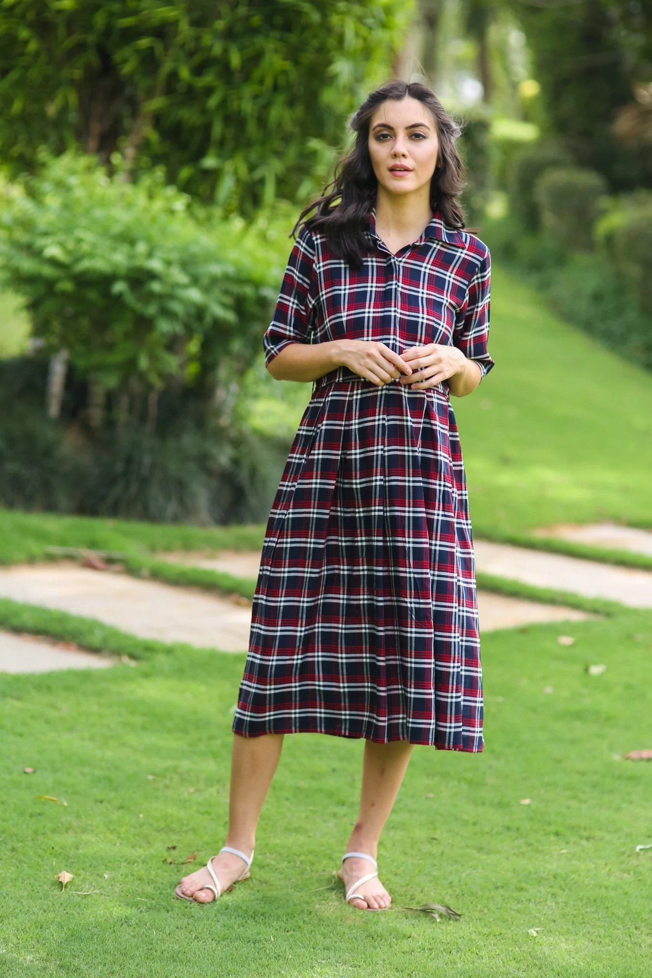 Classic Blue Red Plaid Maternity & Nursing Dress - Chenance