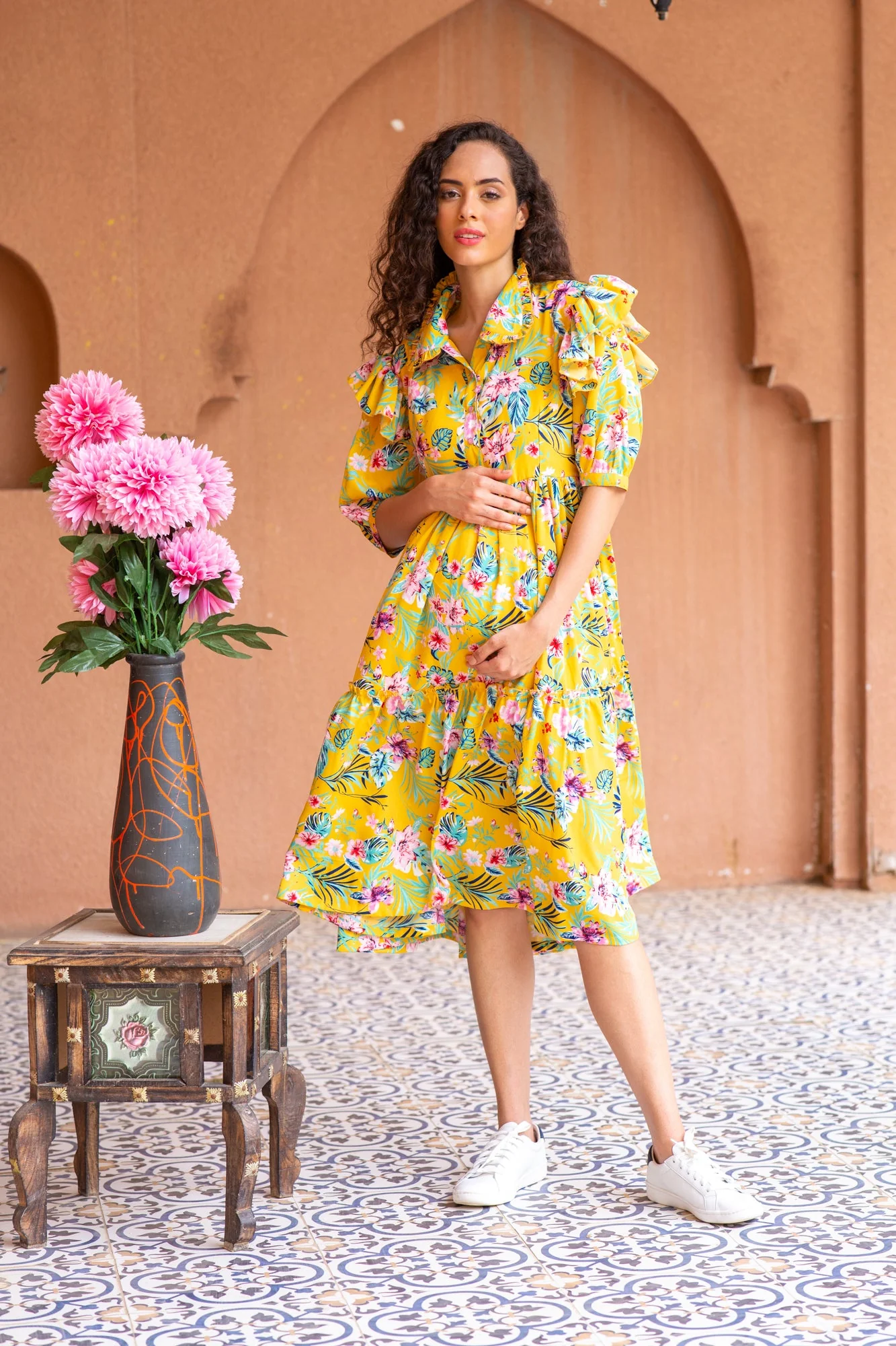 Miami Dancing Floral Maternity & Nursing Frill Dress - Chenance