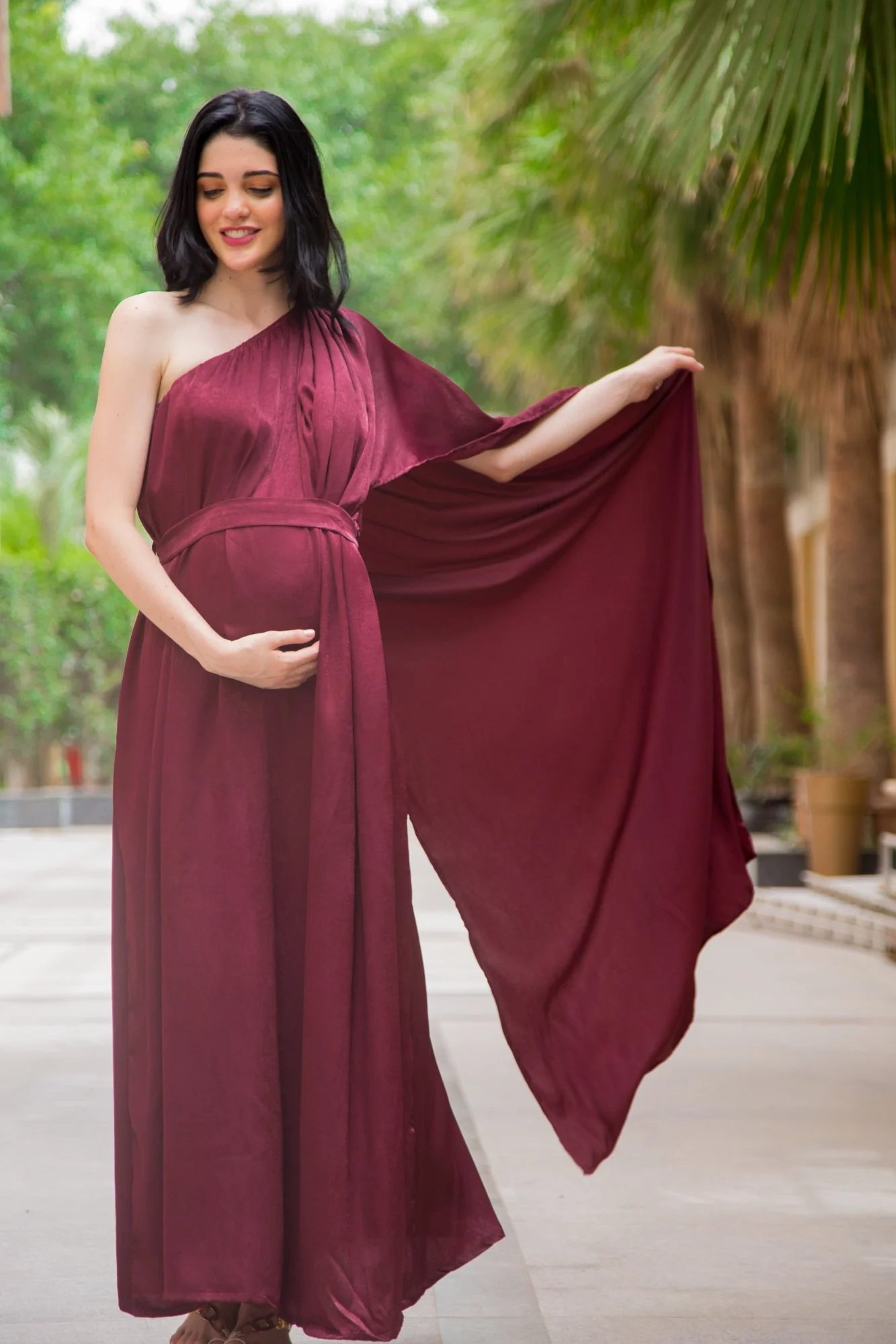 Luxe Red Berry One Shoulder Floral Maternity Gown - Chenance