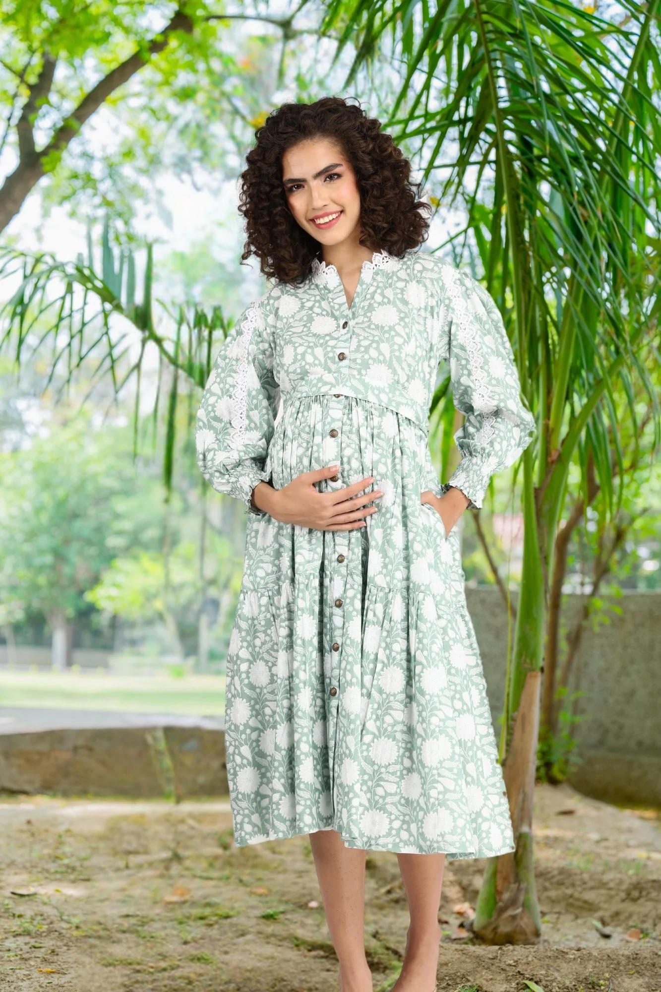 Seafoam Maternity & Nursing Gathered Dress (100% Cotton) - Chenance