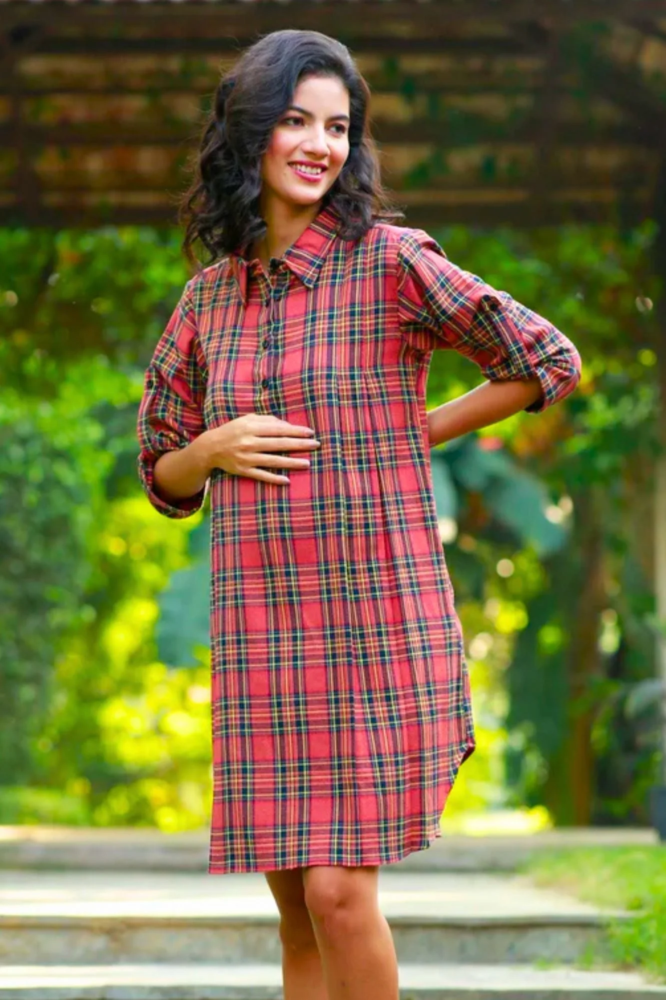 Flannel Blush Checks Maternity & Nursing Shirt Dress - Chenance