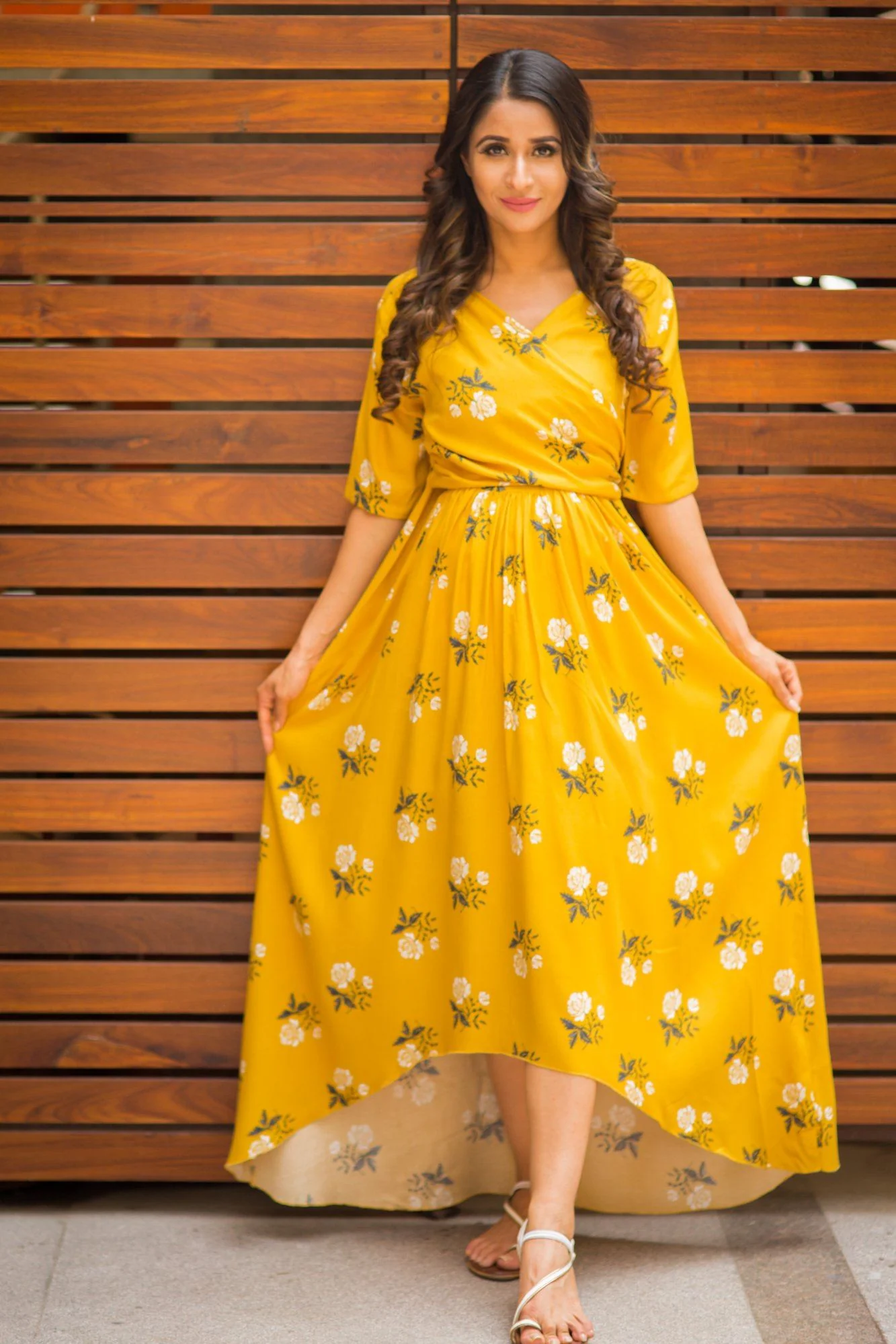 Canary Yellow Floral Hi-Low Dress Maternity & Nursing Dress - Chenance