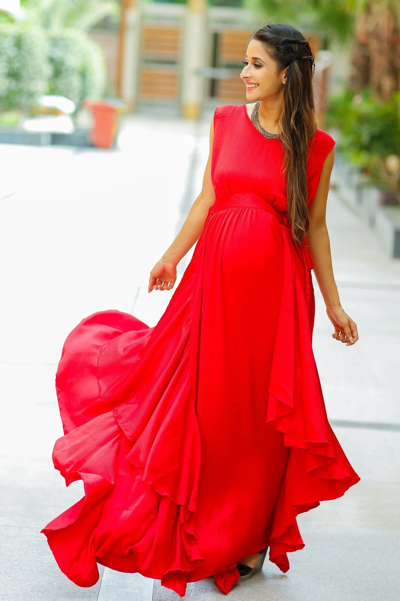 Luxe Candy Red Cascading Maternity Dress - Chenance