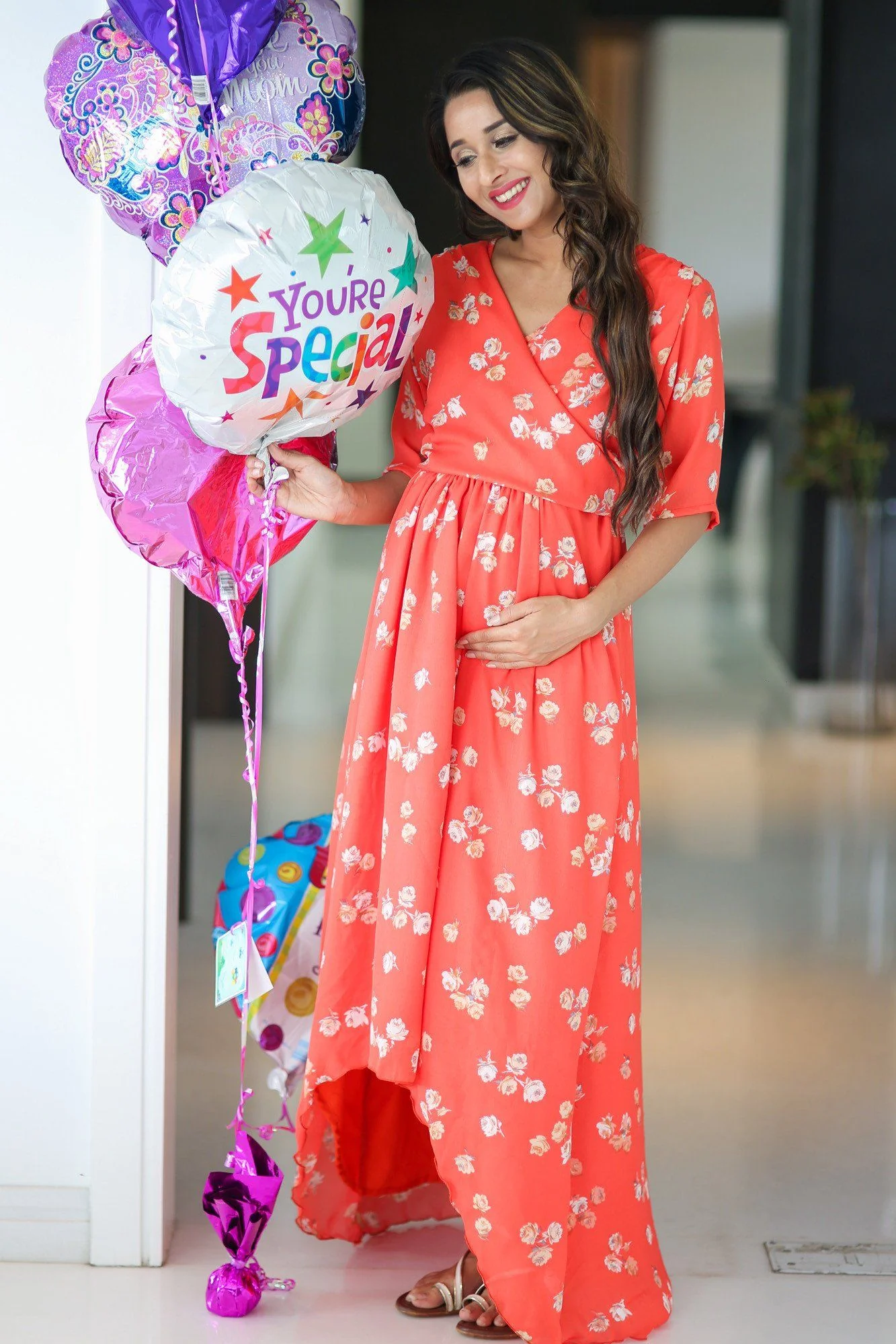 Tangerine Blossom Hi-Low Maternity & Nursing Wrap Dress - Chenance