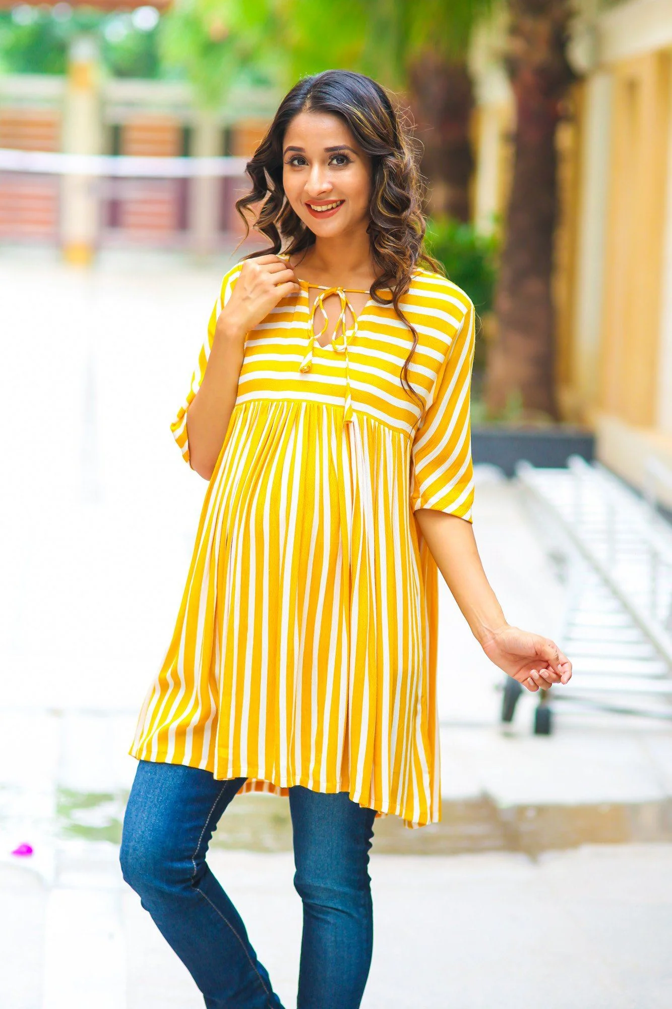 Mustard Striped Gathered Maternity Top - Chenance