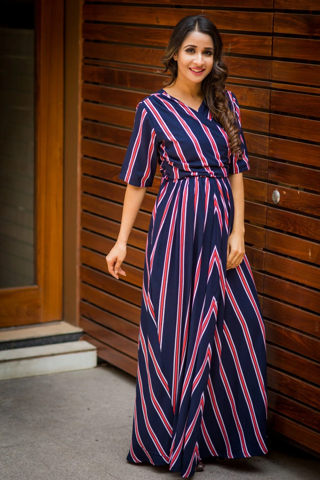Nautical Navy Red Striped Maternity & Nursing Wrap Dress - Chenance