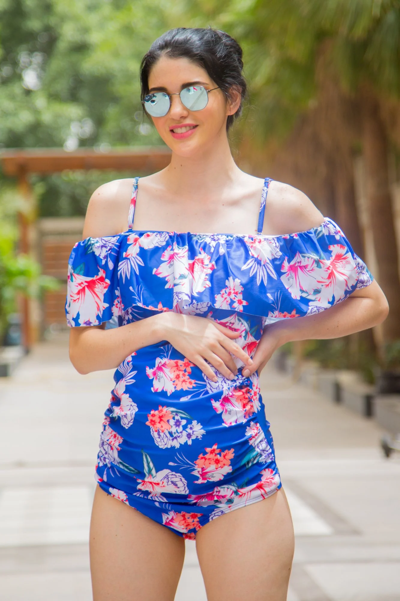 Ocean Blue Floral Off-Shoulder Maternity Swimsuit - Chenance