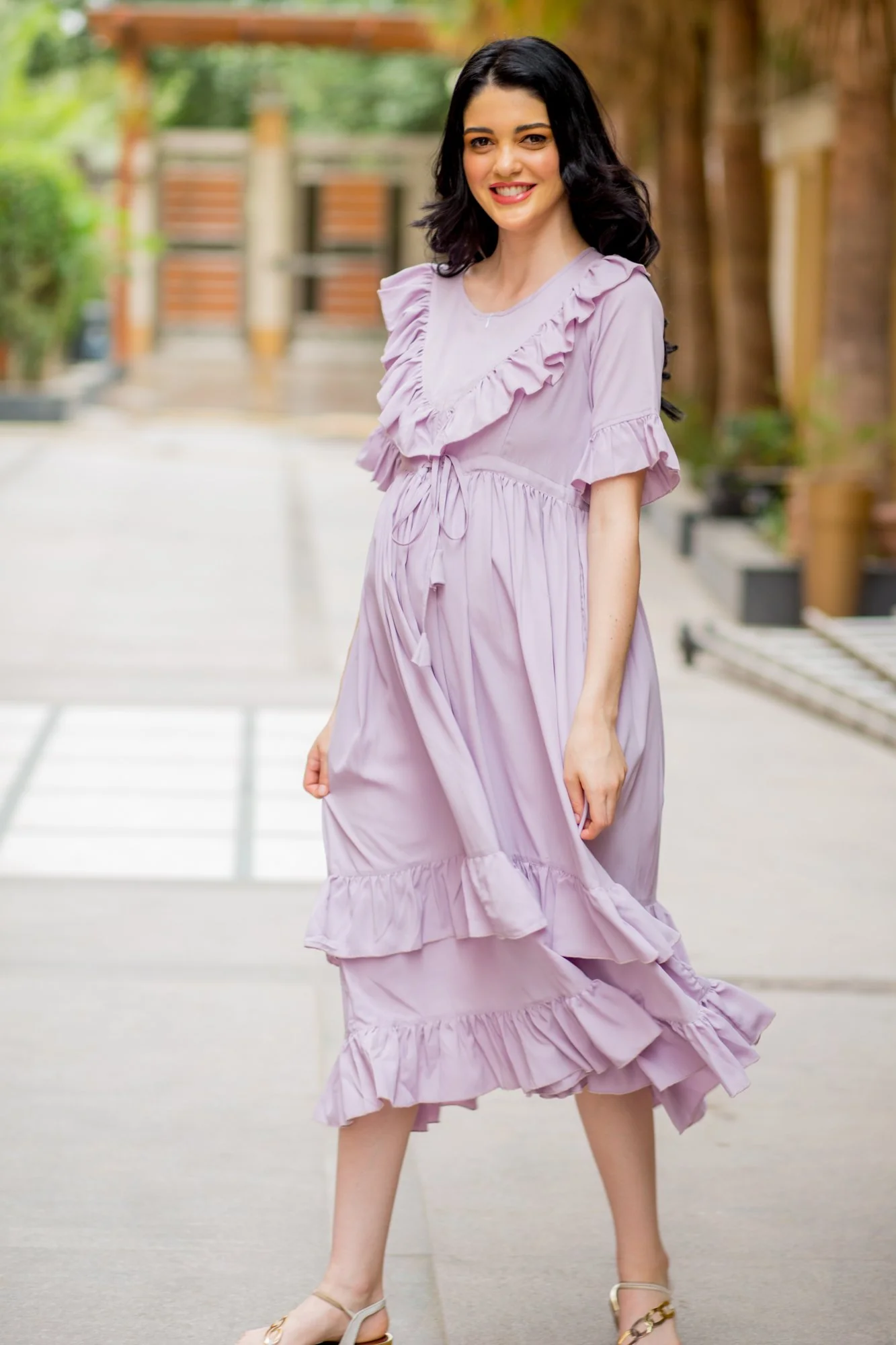 Lavender Front Frill Maternity & Nursing Midi Dress - Chenance