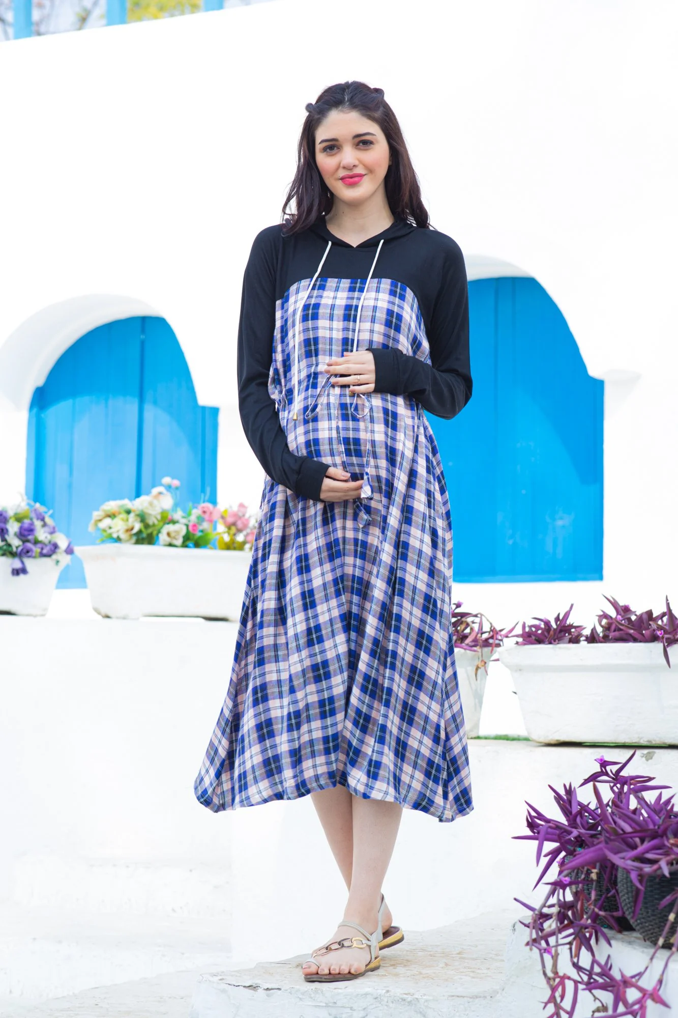 Azure Plaid Maternity Hoodie Dress - Chenance