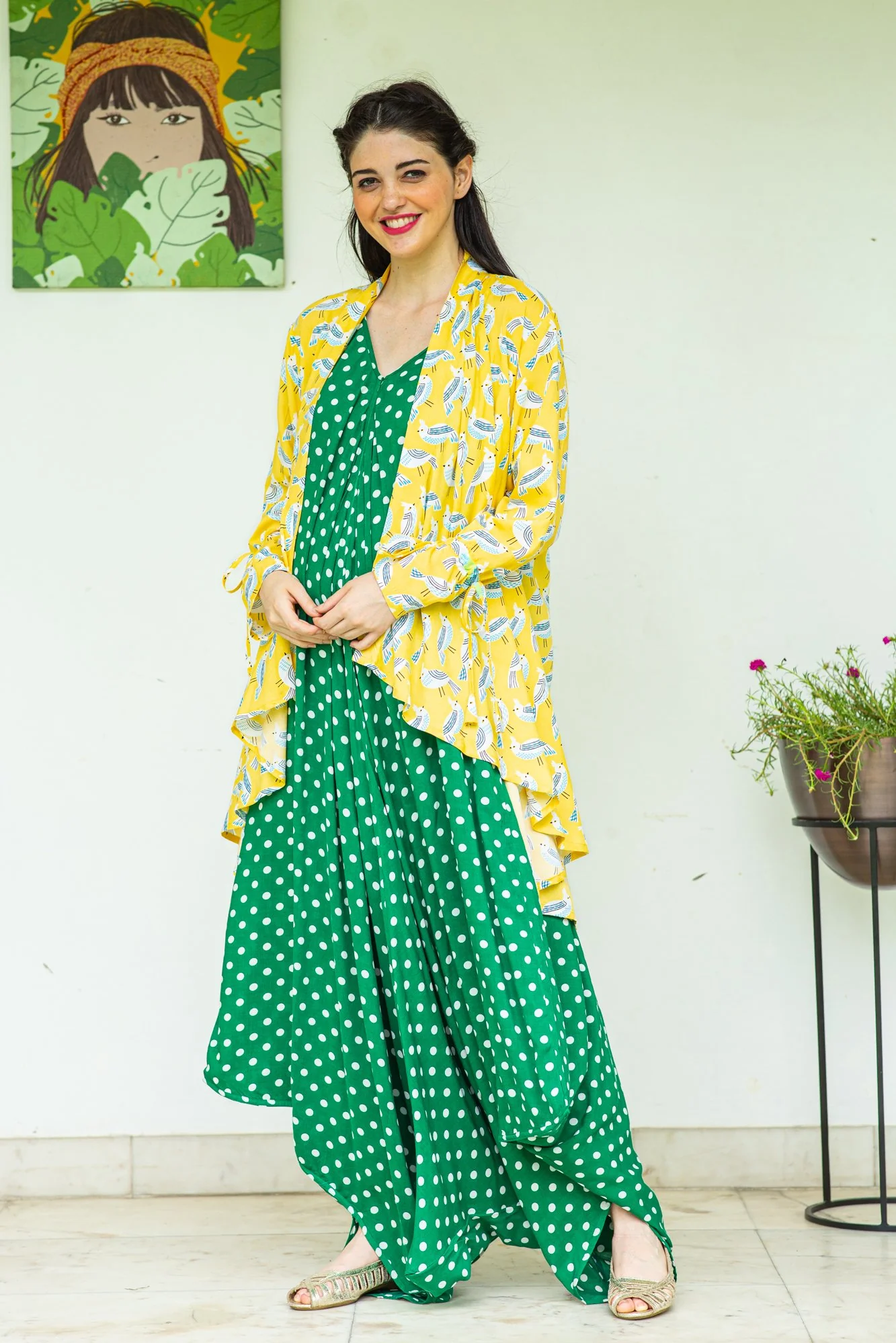 Set of 2 - Emerald Green Polka Cotton Maternity Jumpsuit with Cover Up - Chenance