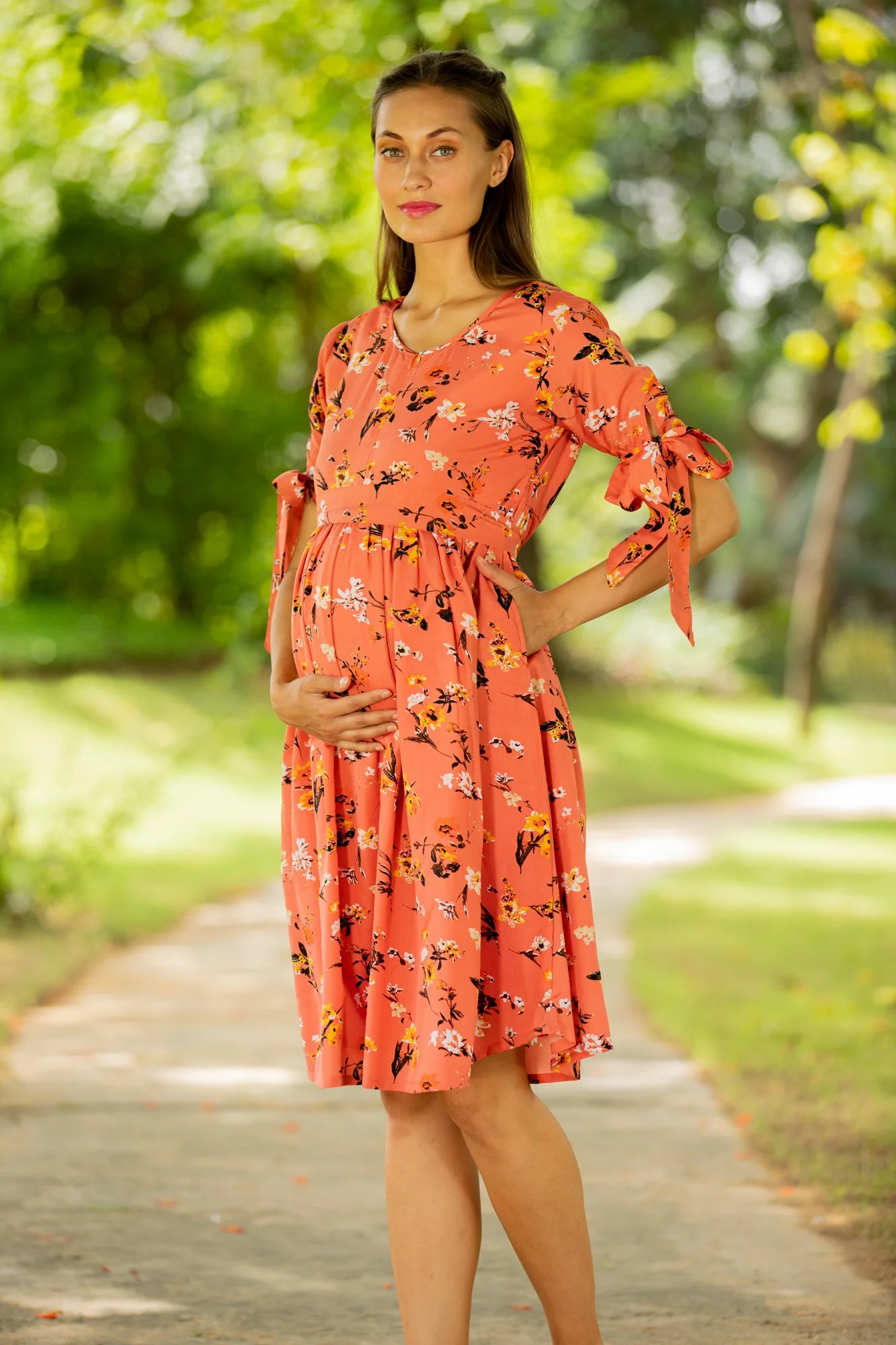 Orange Side Ties Maternity & Nursing Dress - Chenance