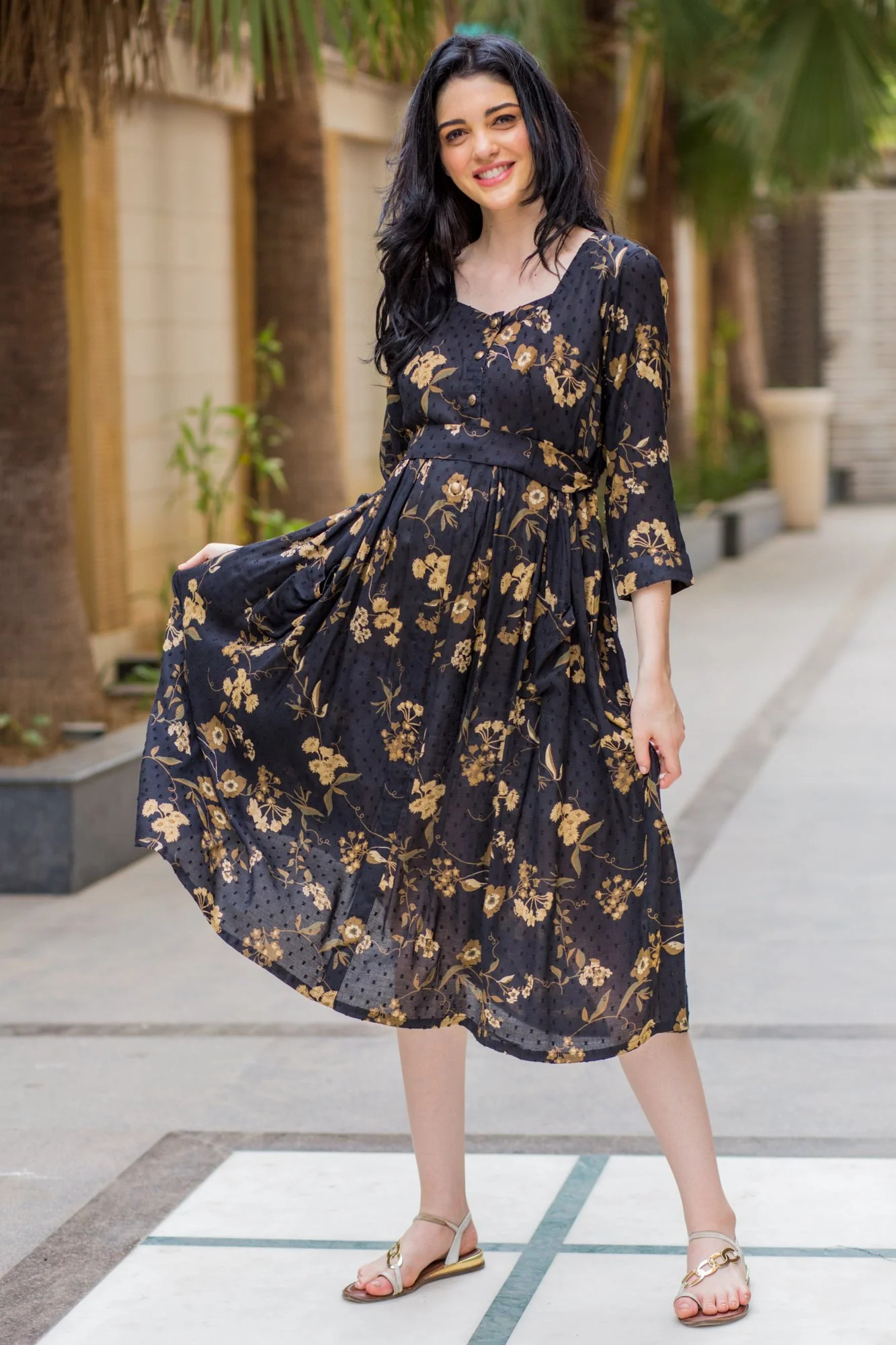 Exquisite Ochre Pocket Maternity & Nursing Dress - Chenance