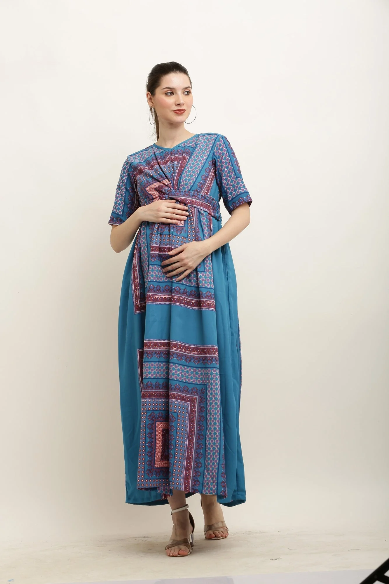 Doodling Floral Blue Maternity Knot Dress - Chenance