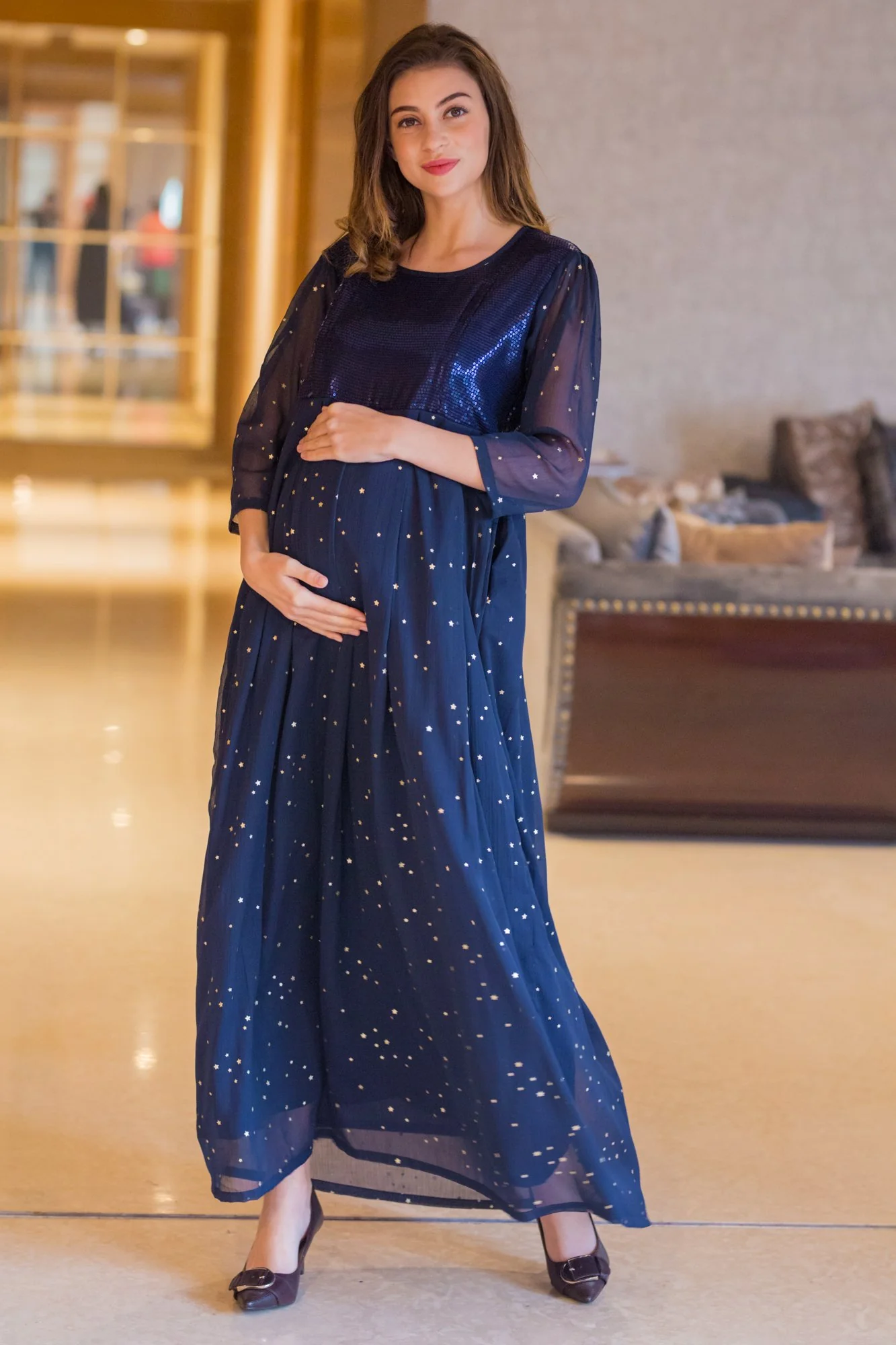 Starry Blue Silver Sequin Maternity & Nursing Dress - Chenance