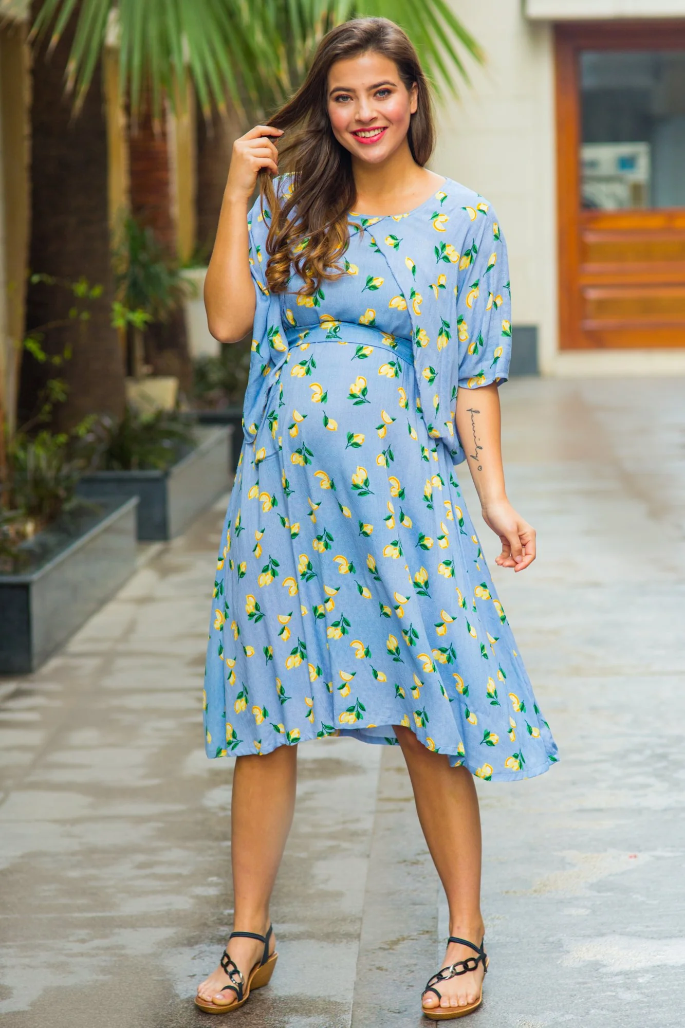 Arctic Blue Lemon Floral Maternity & Nursing Flap Dress - Chenance