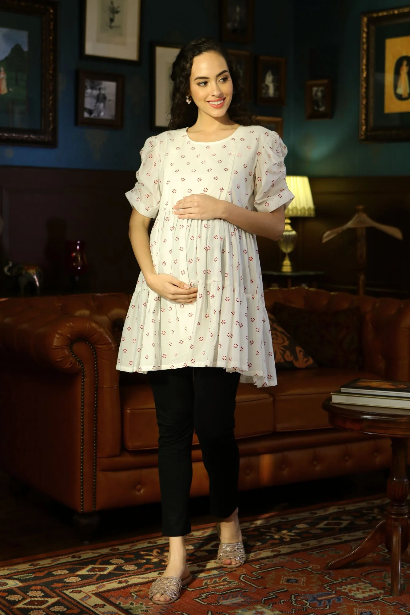 Calm Floral Ivory Layered Maternity & Nursing Top - Chenance