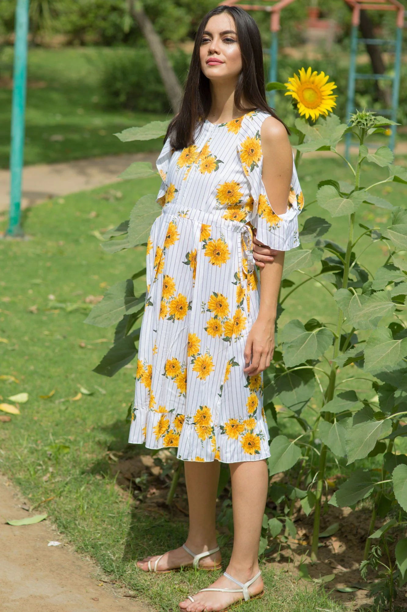 Sunflower Frill Front Zip Maternity & Nursing Dress - Chenance