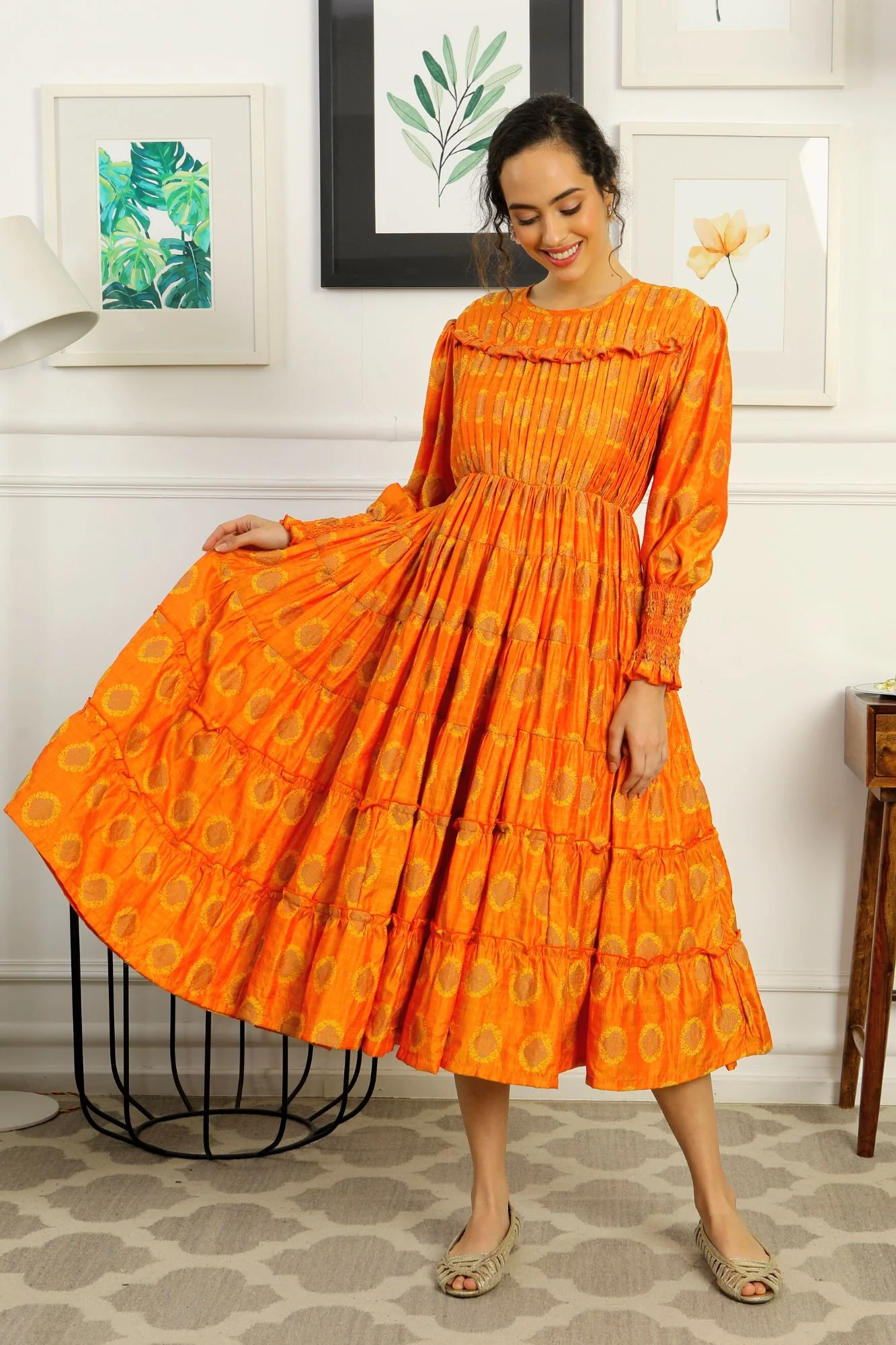 Premium Vintage Tangerine Floral Silk Formal Maternity & Nursing Pintucks Frill Dress - Chenance