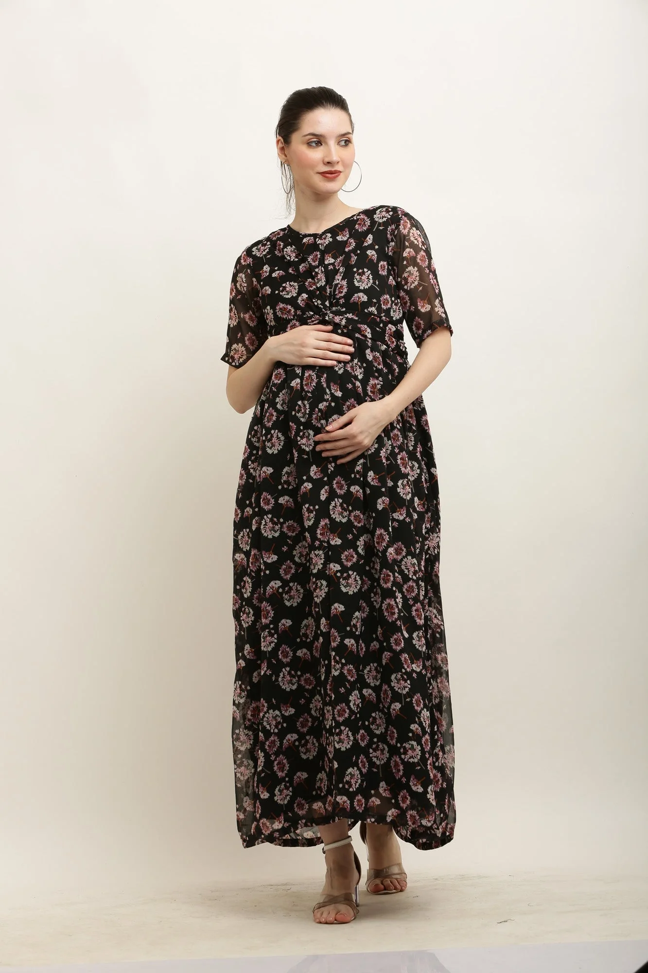 Royal Charcoal Blooming Maternity Knot Dress - Chenance
