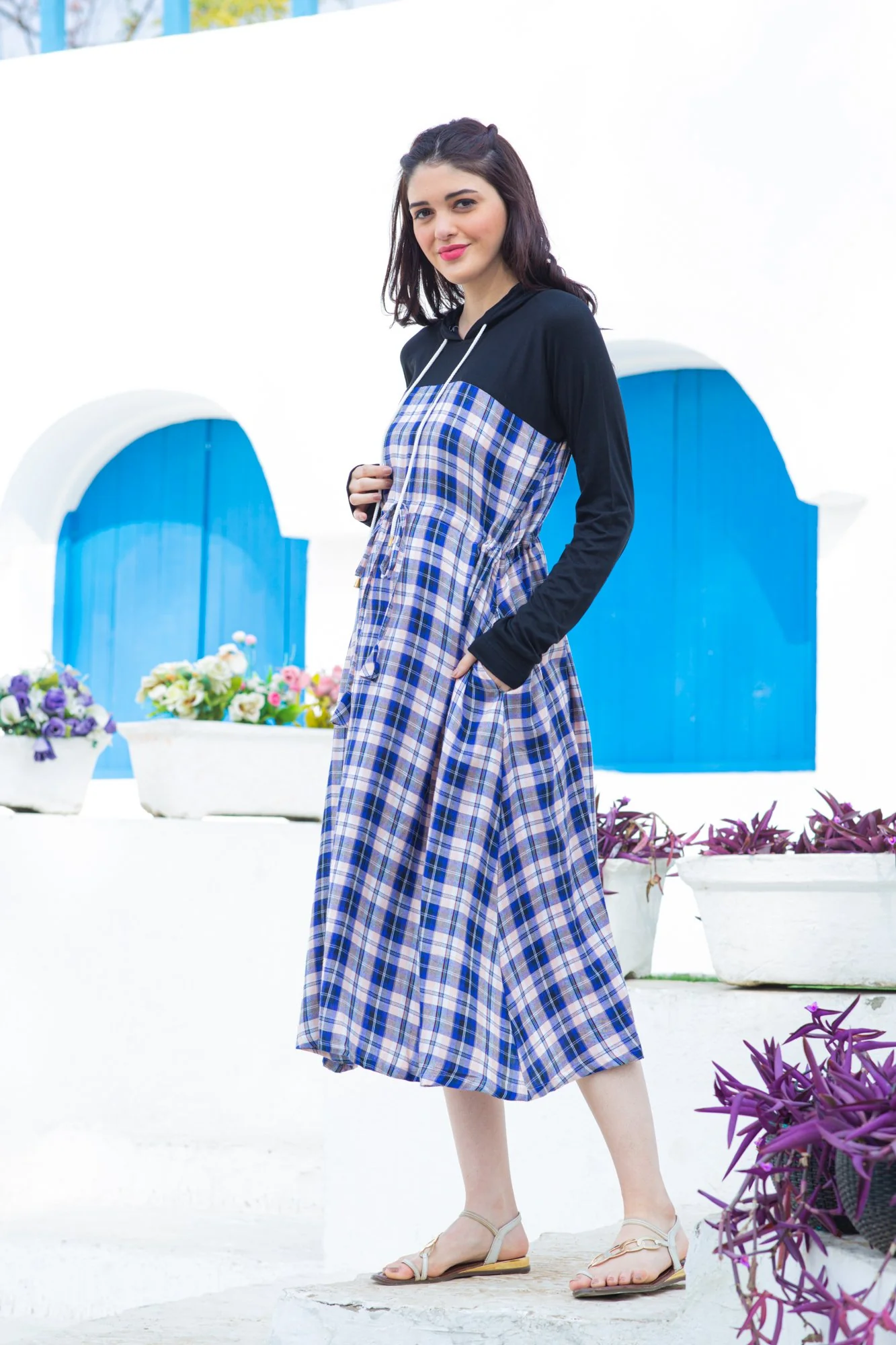 Azure Plaid Maternity Hoodie Dress - Chenance