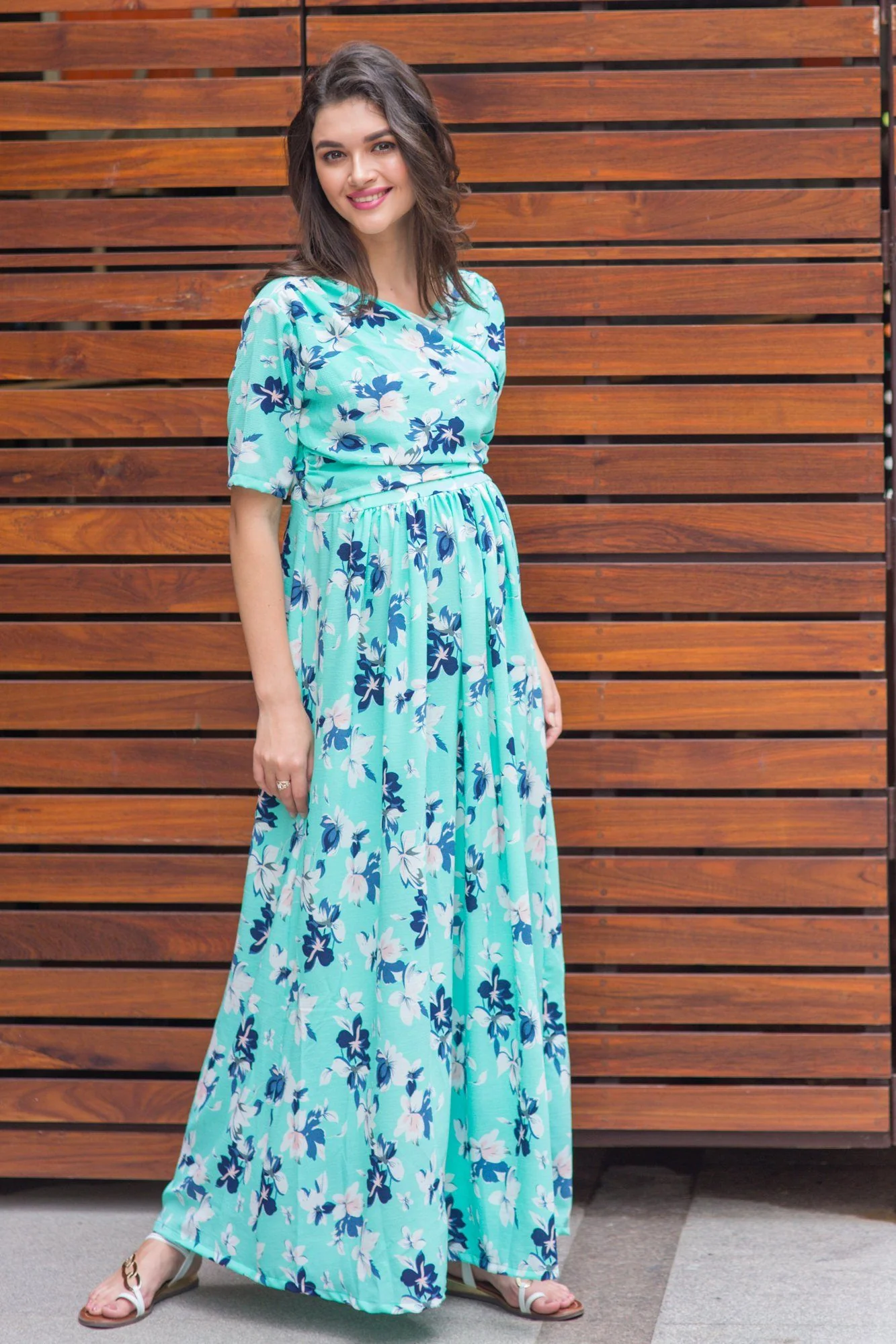 Mint Aquamarine Blossom Maternity & Nursing Wrap Dress - Chenance