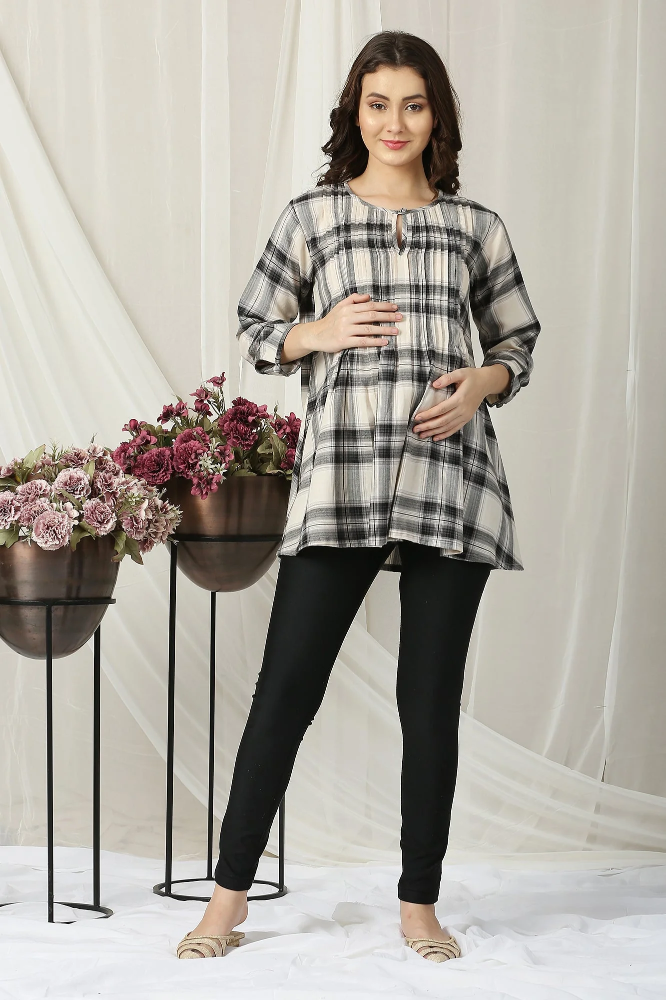 Cute Black & White Flannel Checks Maternity & Nursing Pintucks Top - Chenance